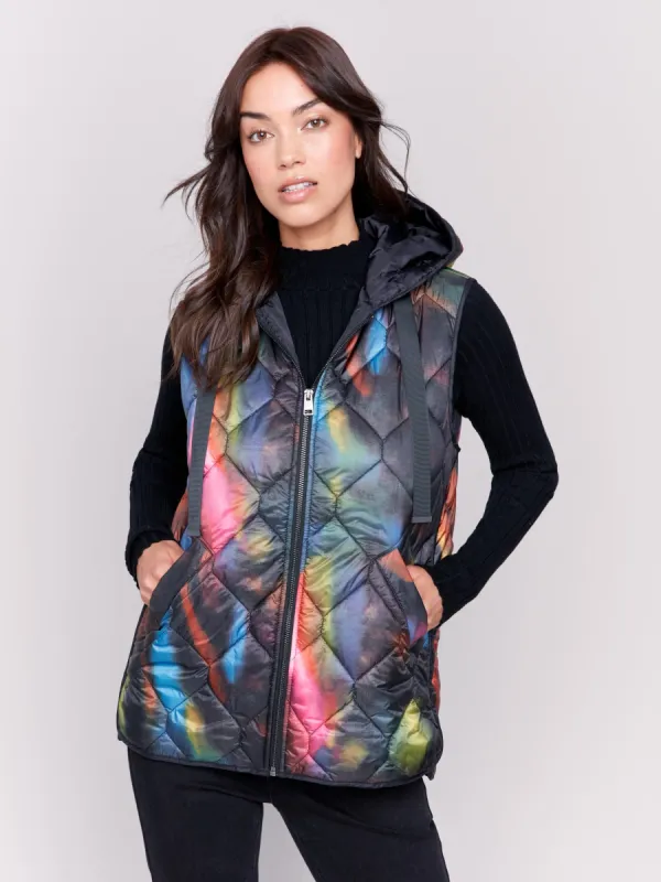 Printed Short Quilted Puffer Vest with Hood - Neon sold by Charlie B