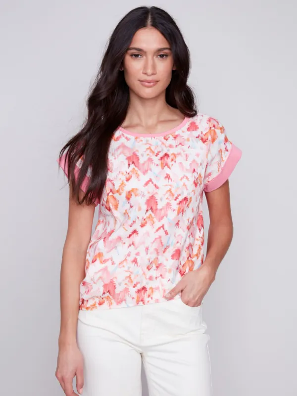Printed Linen Top with Side Tie - Pink sold by Charlie B