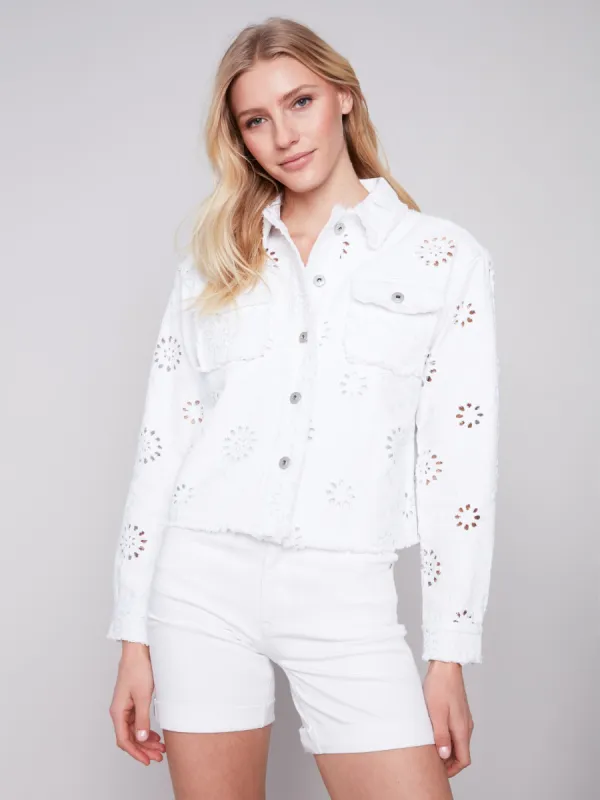 Embroidered Eyelet Denim Jacket - White sold by Charlie B