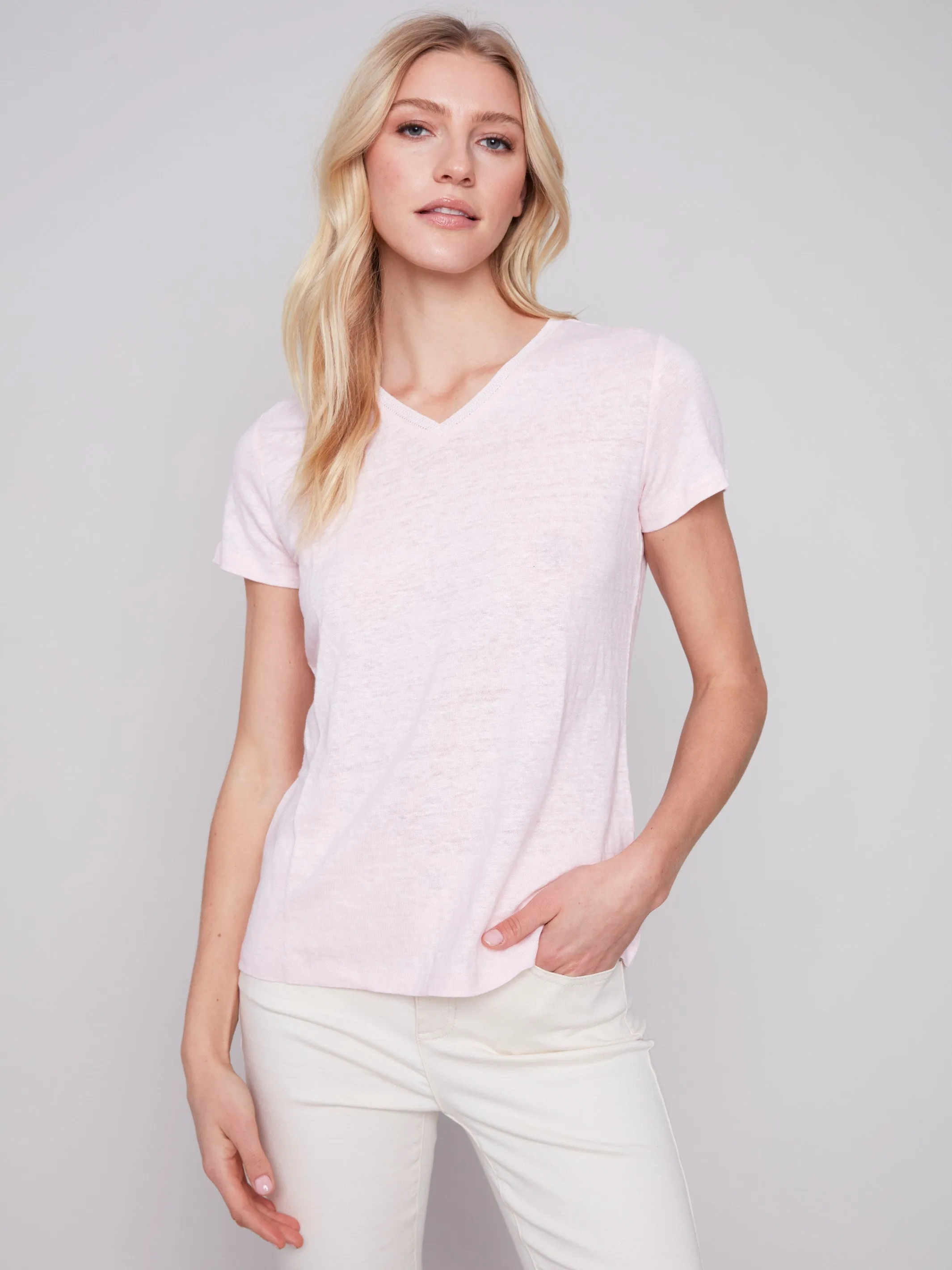 V-Neck Linen T-Shirt - Lotus sold by Charlie B