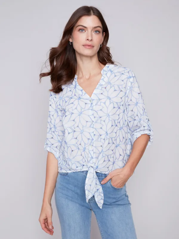 Embroidered Front Tie Cotton Blouse - Sky sold by Charlie B