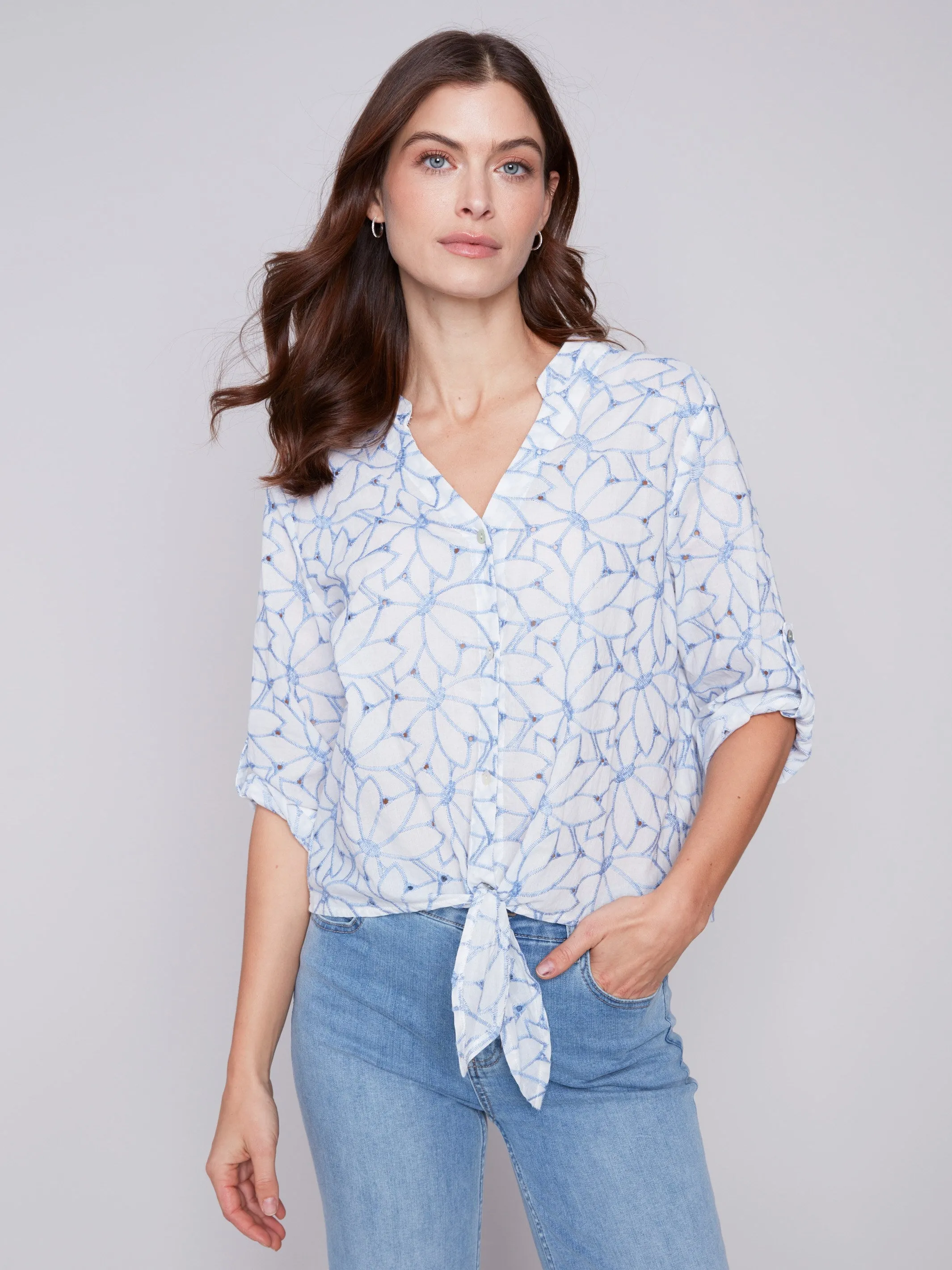 Embroidered Front Tie Cotton Blouse - Sky sold by Charlie B