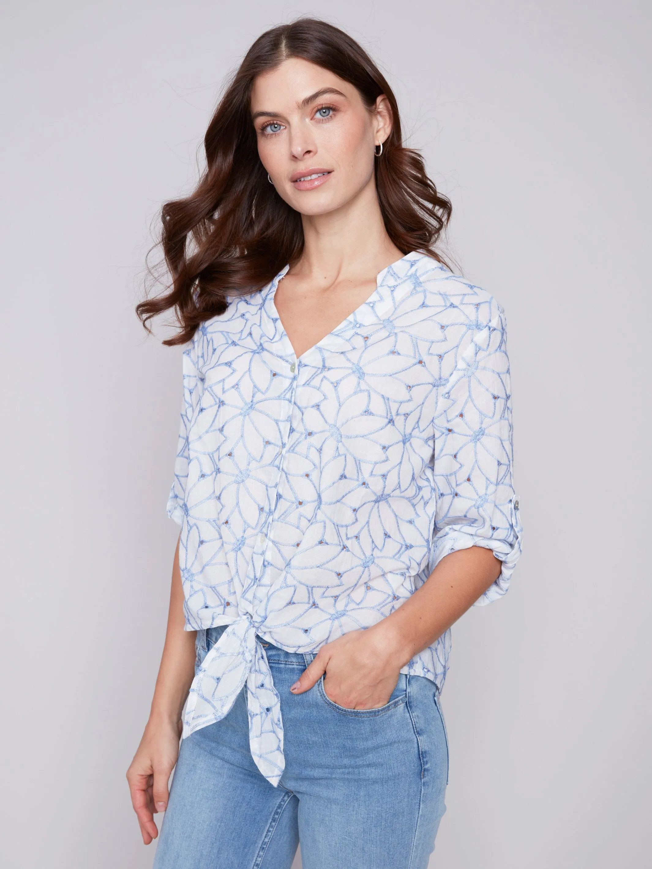 Embroidered Front Tie Cotton Blouse - Sky sold by Charlie B product image thumbnail 5