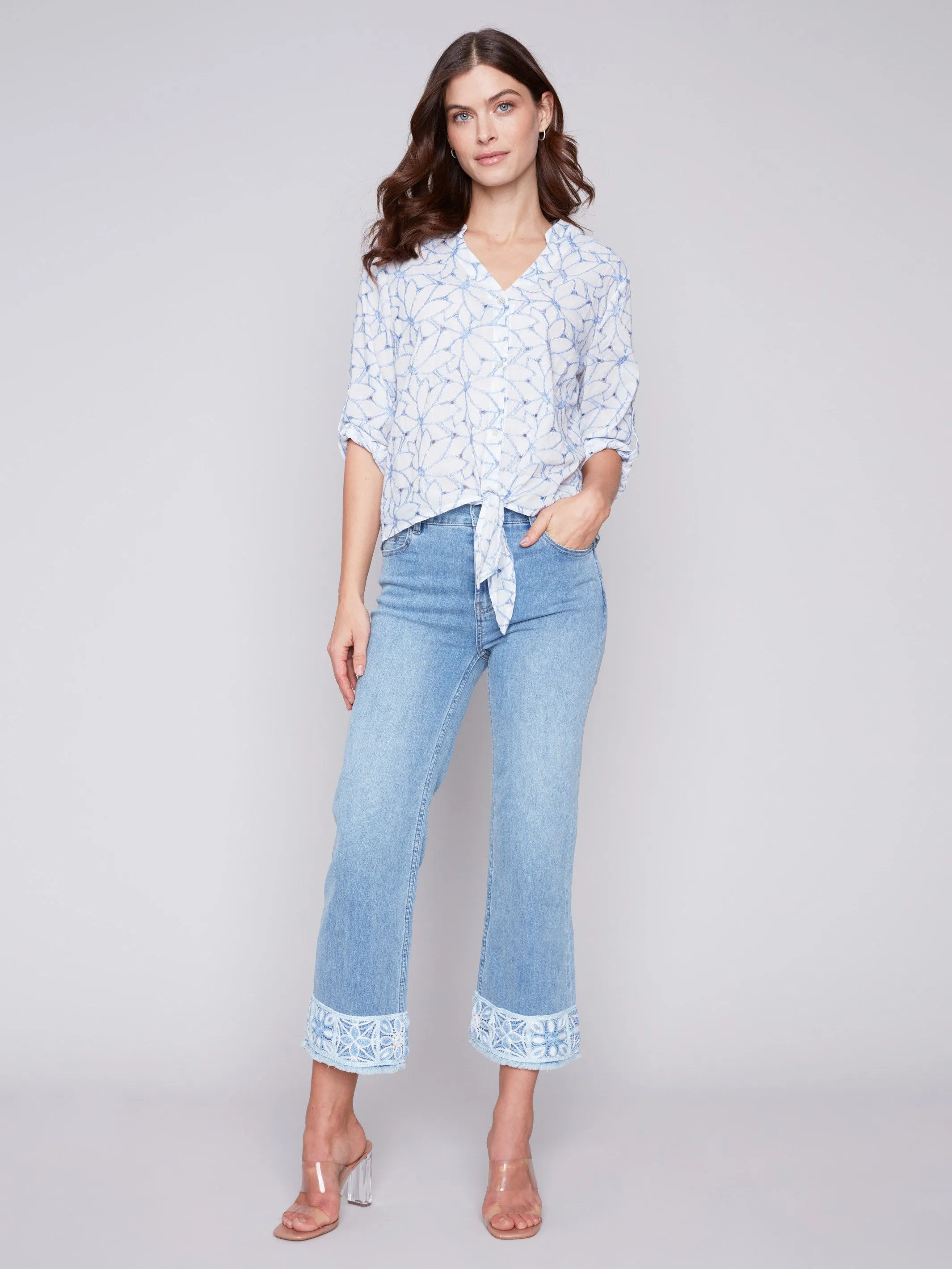 Embroidered Front Tie Cotton Blouse - Sky sold by Charlie B product image thumbnail 3