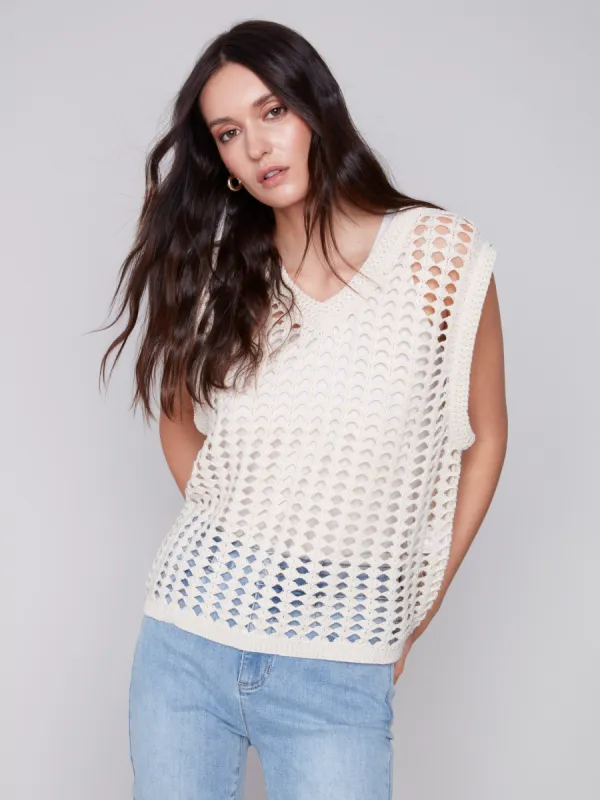 V-Neck Crochet Sweater Vest - Natural sold by Charlie B