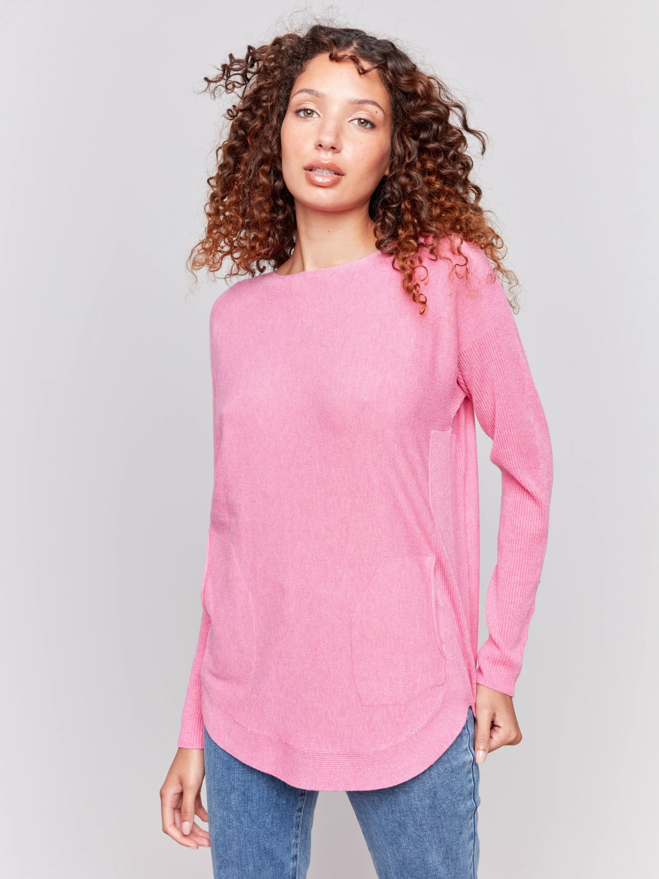 Knit Sweater with Lace-Up Cuffs - Magenta sold by Charlie B