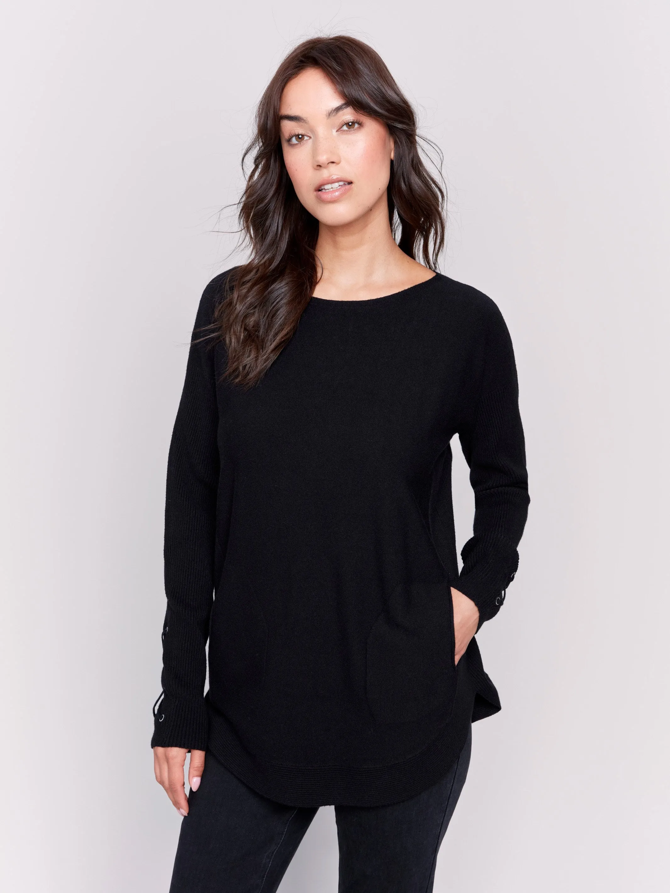 Knit Sweater With Lace-Up Cuffs - Black sold by Charlie B