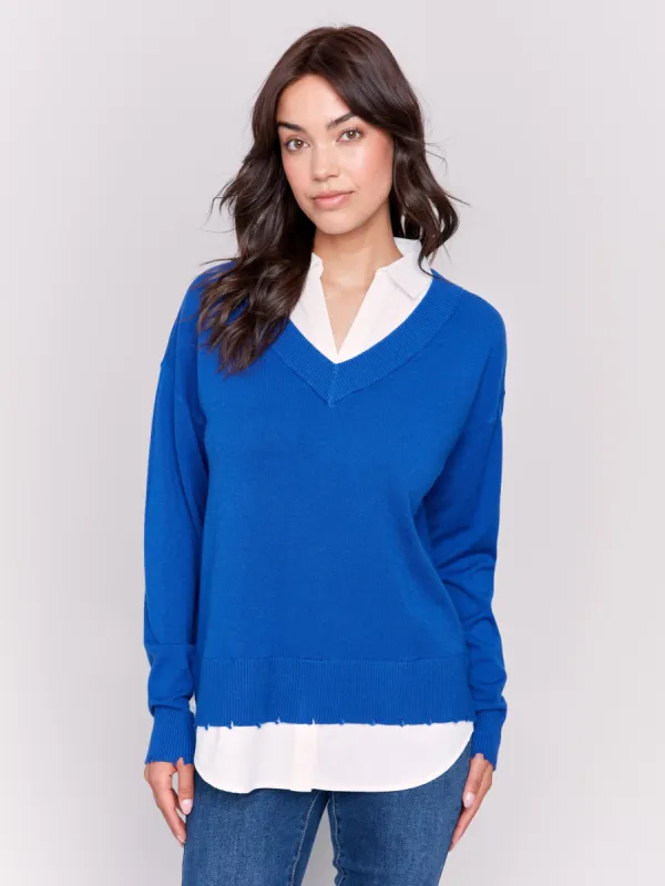 V-Neck Fooler Sweater with Shirt Collar - Sapphire sold by Charlie B