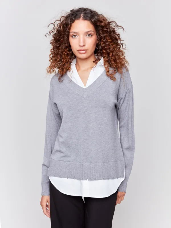 V-Neck Fooler Sweater with Shirt Collar - Grey sold by Charlie B