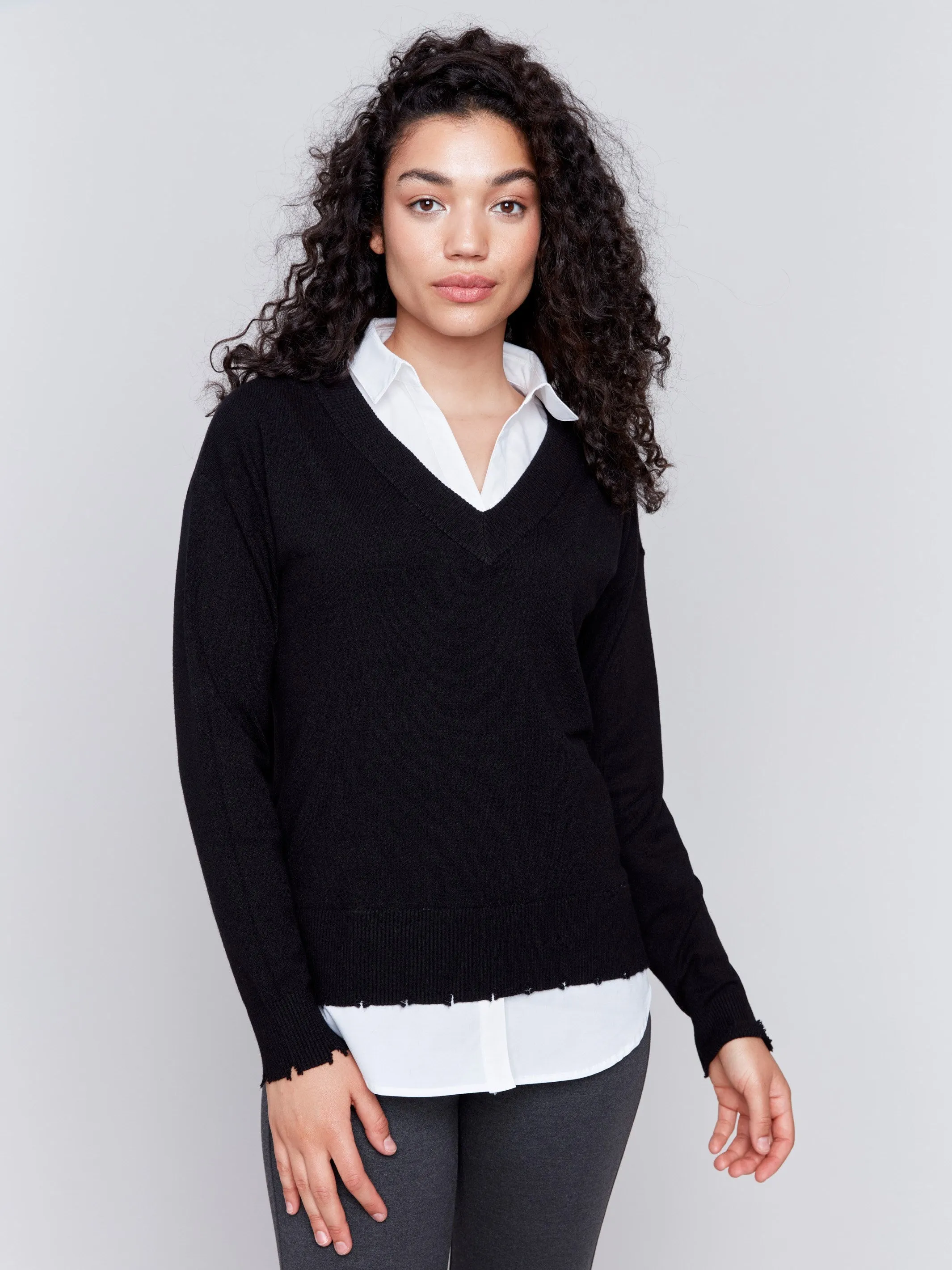 V-Neck Fooler Sweater with Shirt Collar - Black sold by Charlie B product image thumbnail 5