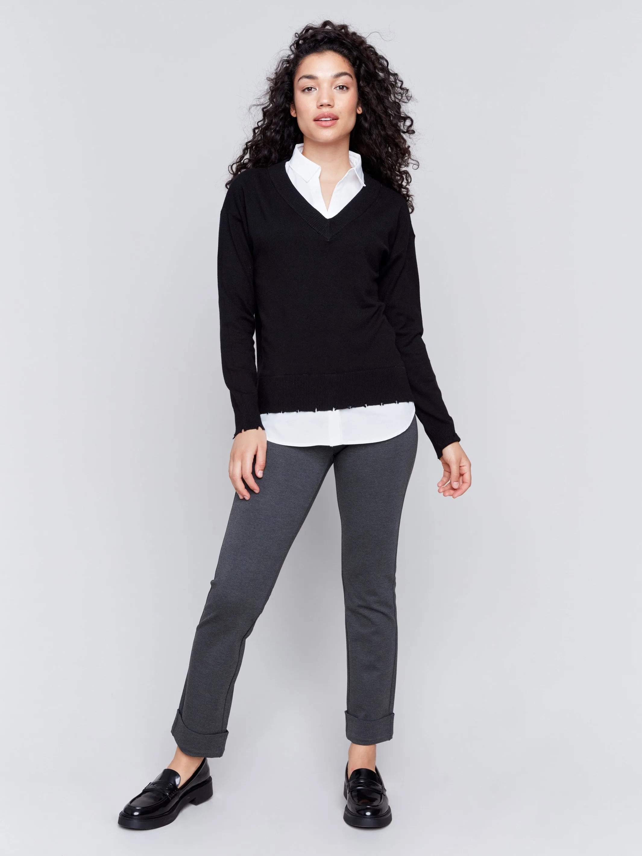 V-Neck Fooler Sweater with Shirt Collar - Black sold by Charlie B product image thumbnail 4