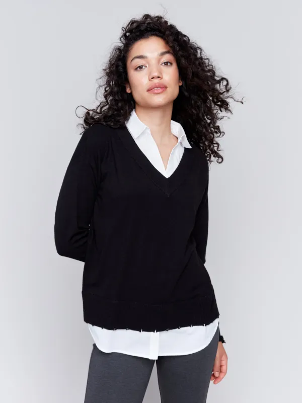 V-Neck Fooler Sweater with Shirt Collar - Black sold by Charlie B