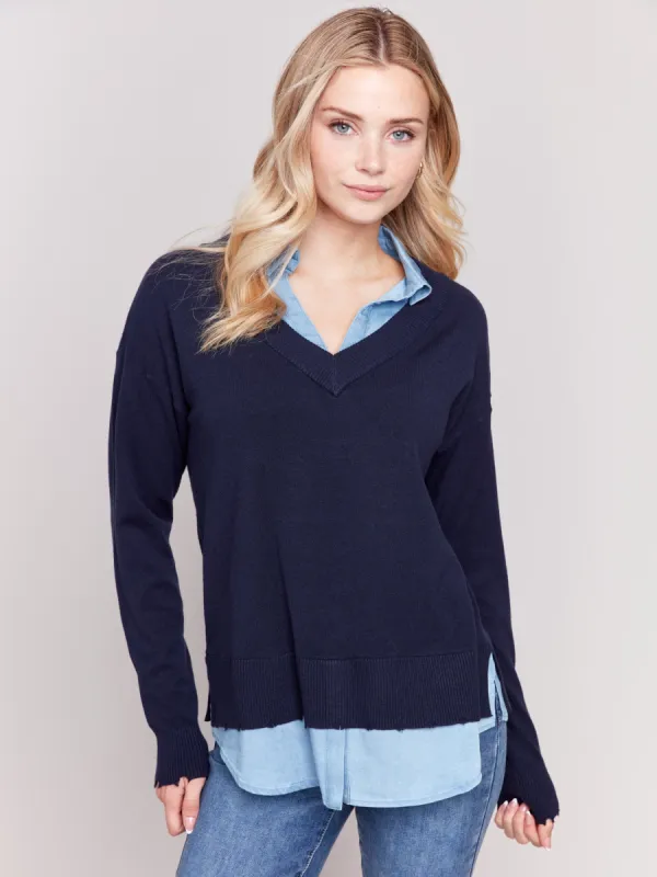 V-Neck Fooler Sweater with Shirt Collar - Navy sold by Charlie B