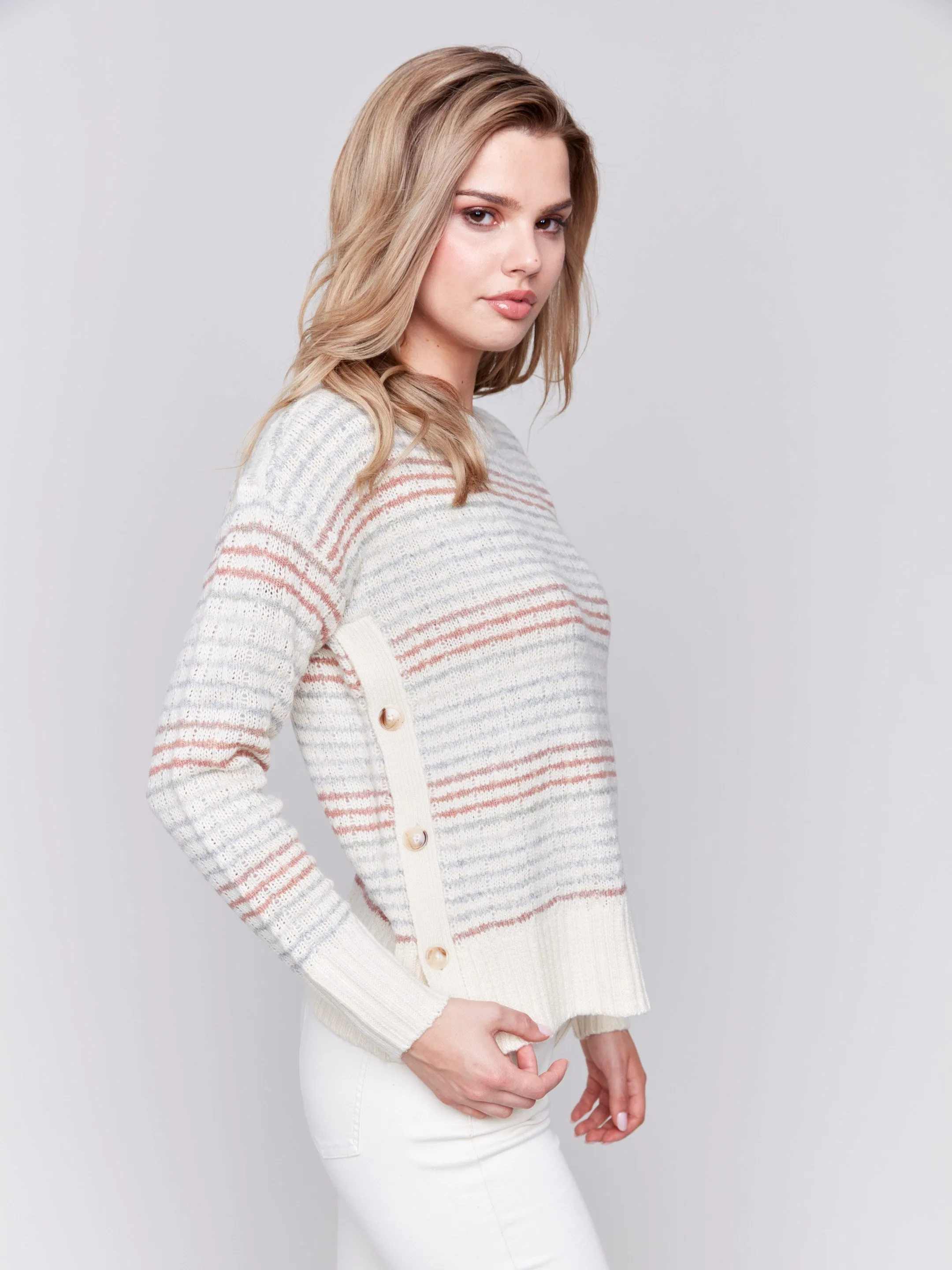 Striped Sweater with Side Buttons - Ecru sold by Charlie B product image thumbnail 2