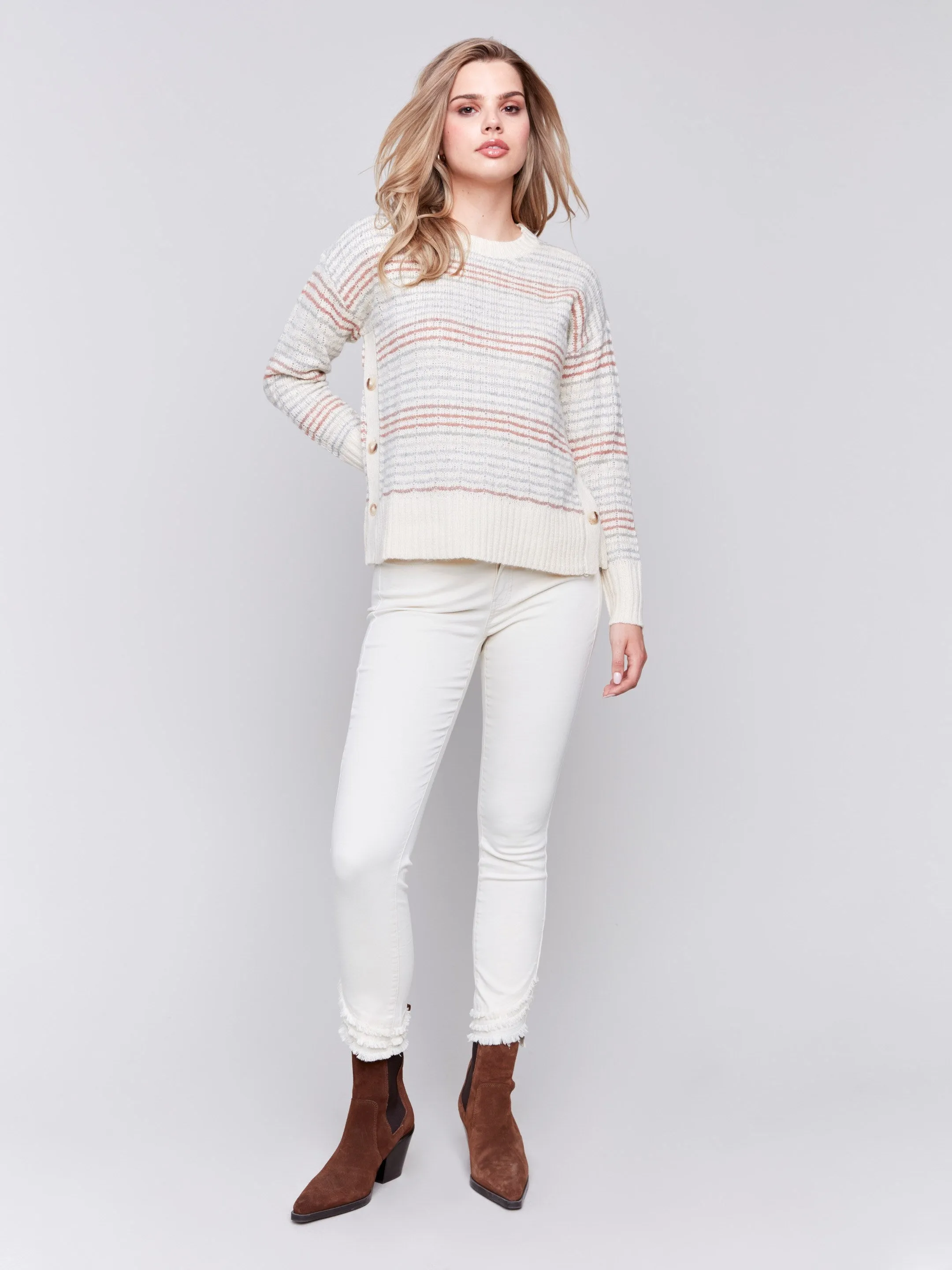 Striped Sweater with Side Buttons - Ecru sold by Charlie B product image thumbnail 3