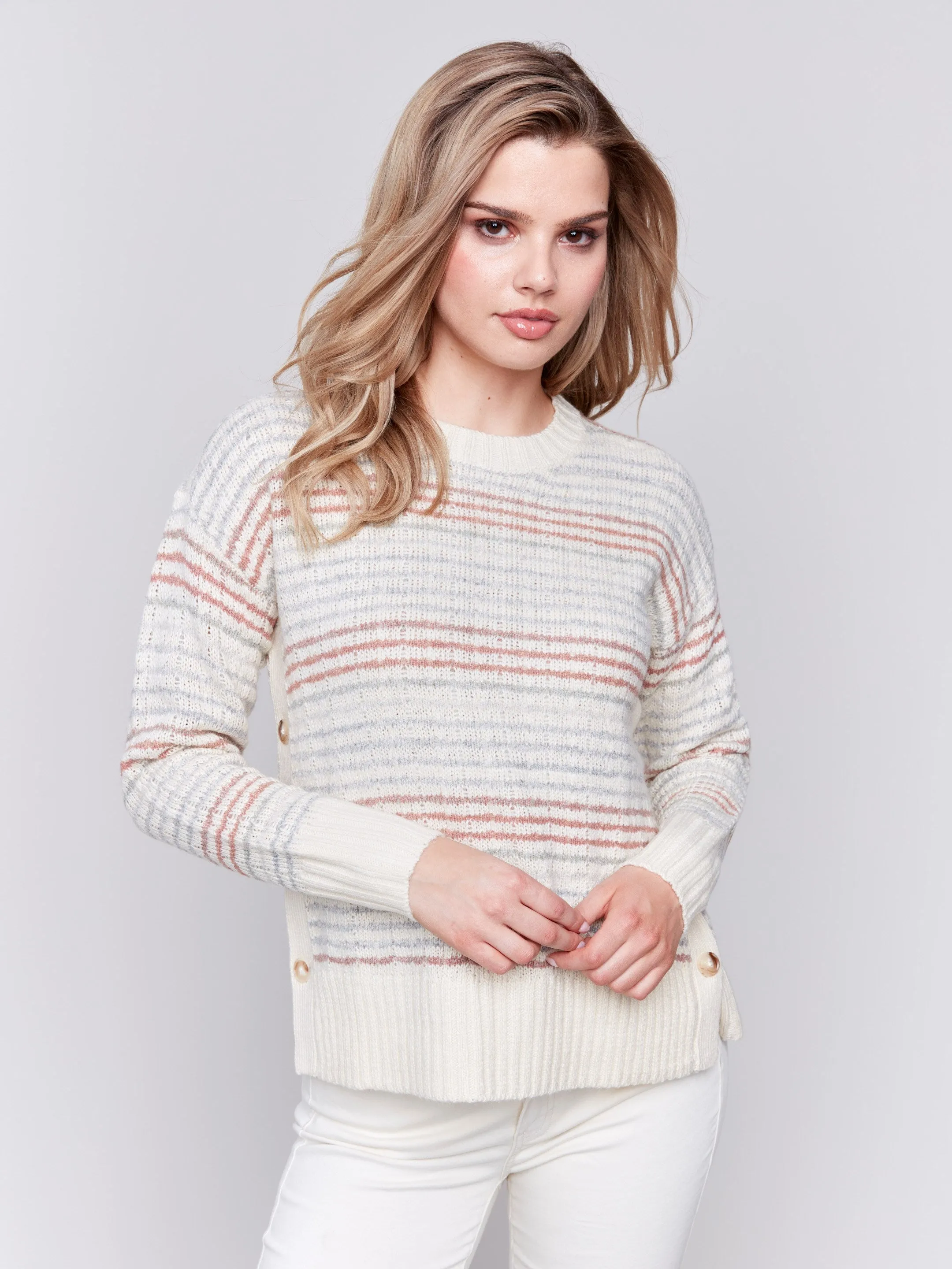 Striped Sweater with Side Buttons - Ecru sold by Charlie B