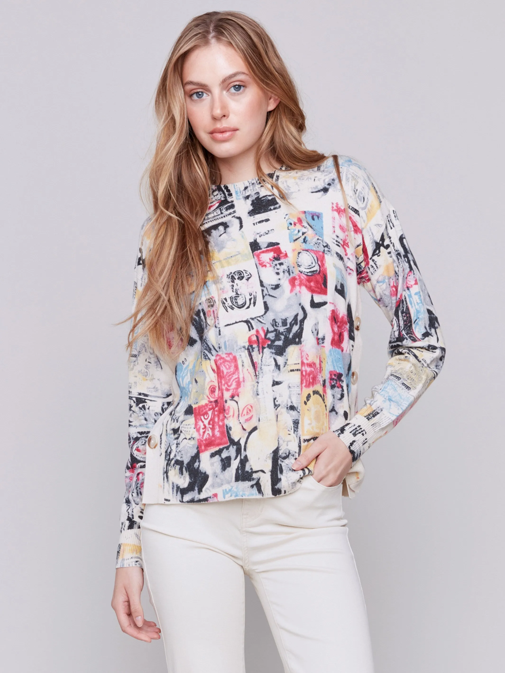 Printed Sweater with Side Buttons - Cartoon sold by Charlie B