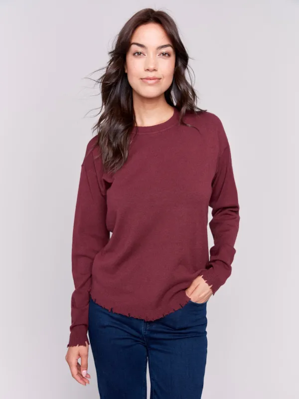 Frayed Edge Round Hem Sweater - Cabernet sold by Charlie B
