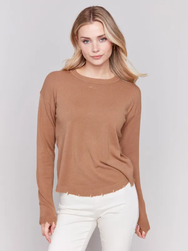 Frayed Edge Round Hem Sweater - Truffle sold by Charlie B