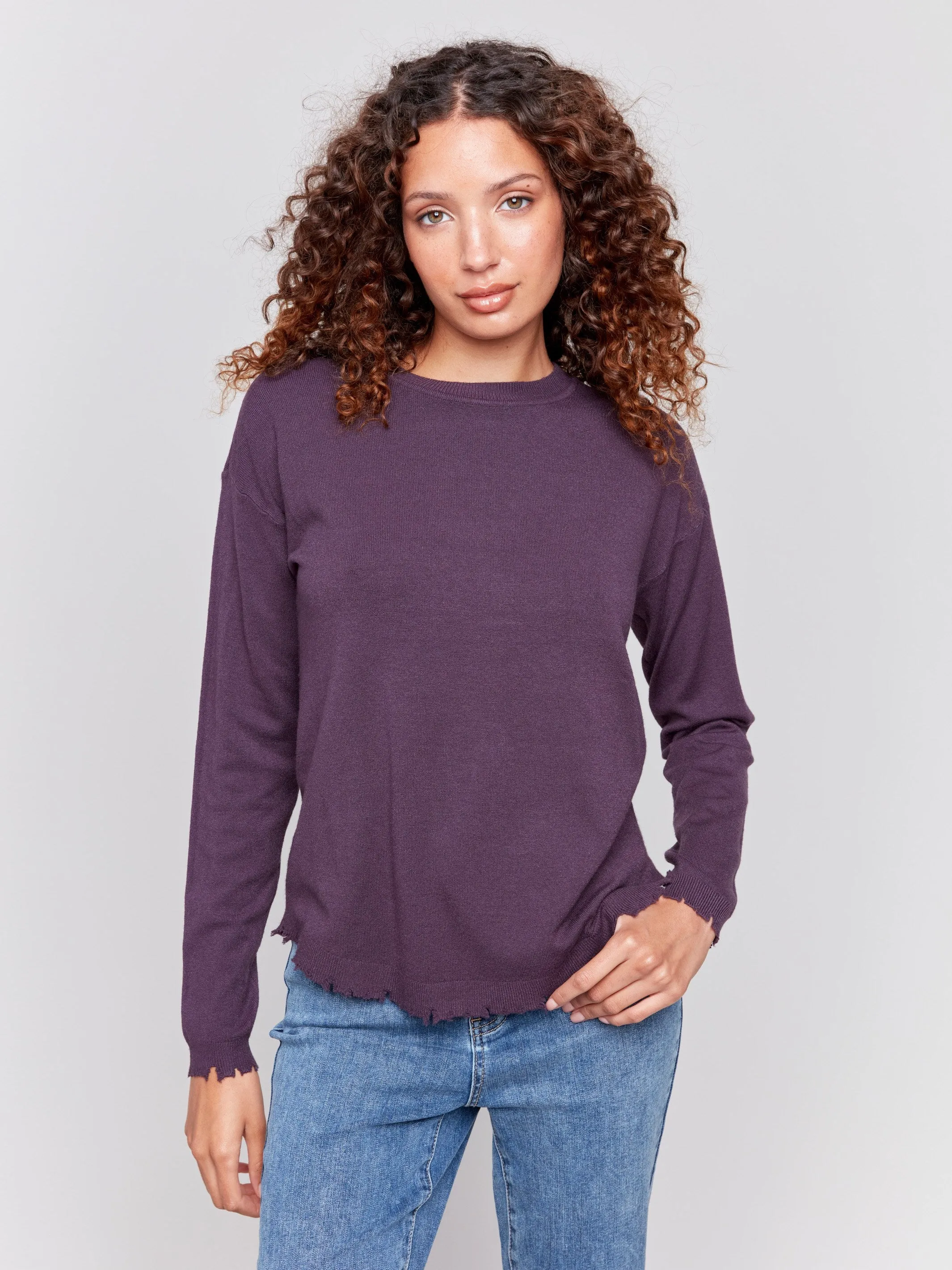 Frayed Edge Round Hem Sweater - Plum sold by Charlie B product image thumbnail 4