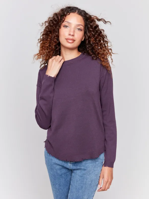 Frayed Edge Round Hem Sweater - Plum sold by Charlie B