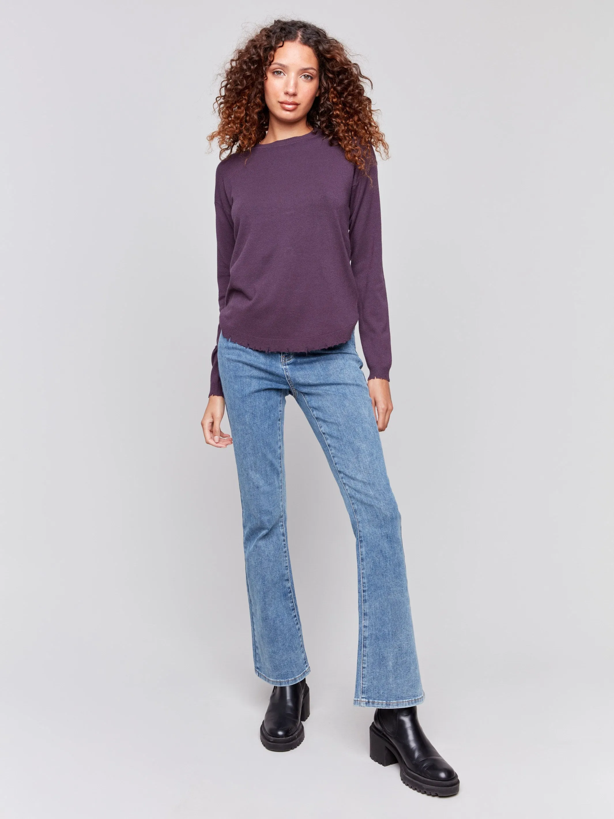 Frayed Edge Round Hem Sweater - Plum sold by Charlie B product image thumbnail 5