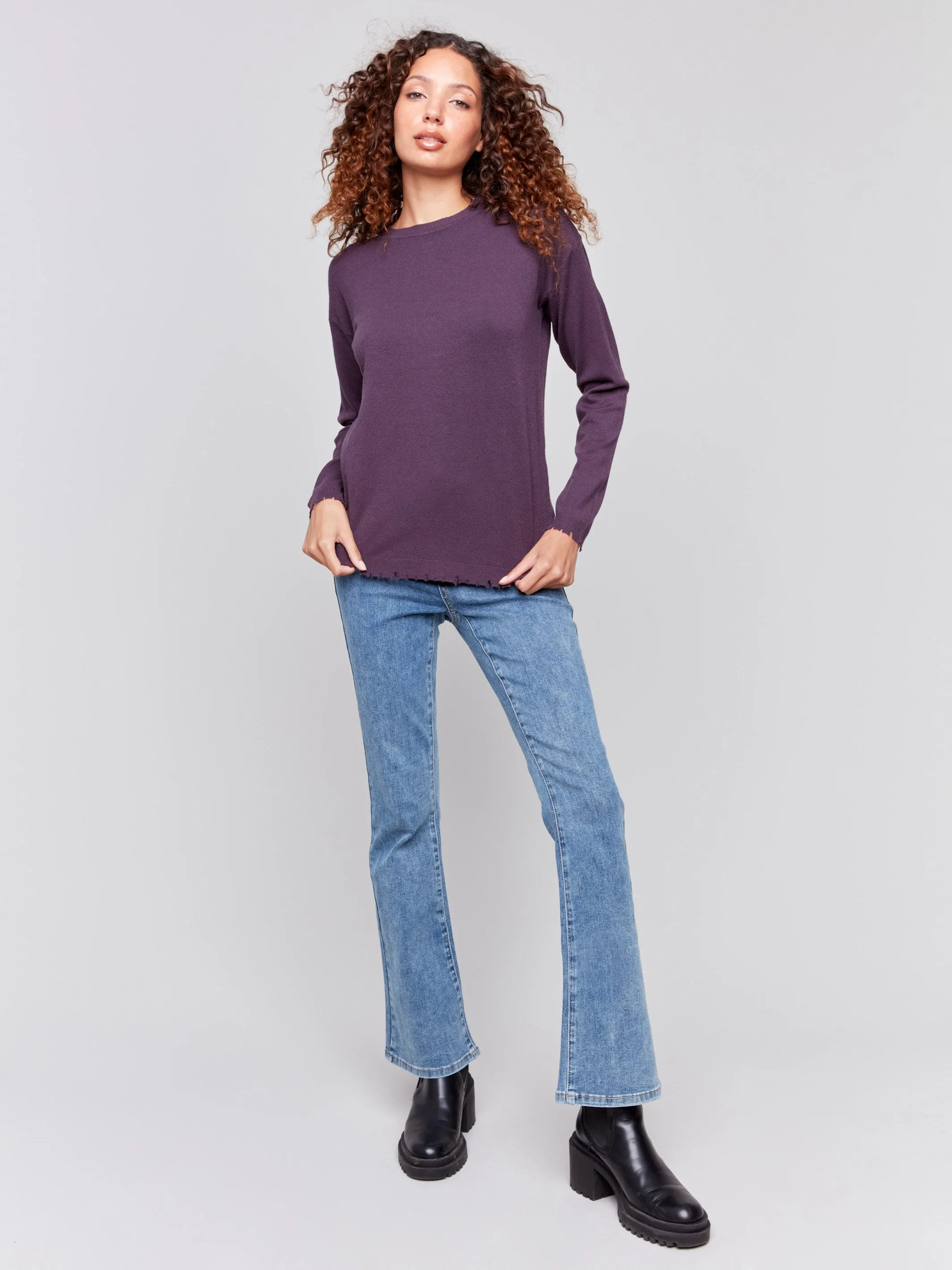 Frayed Edge Round Hem Sweater - Plum sold by Charlie B product image thumbnail 2