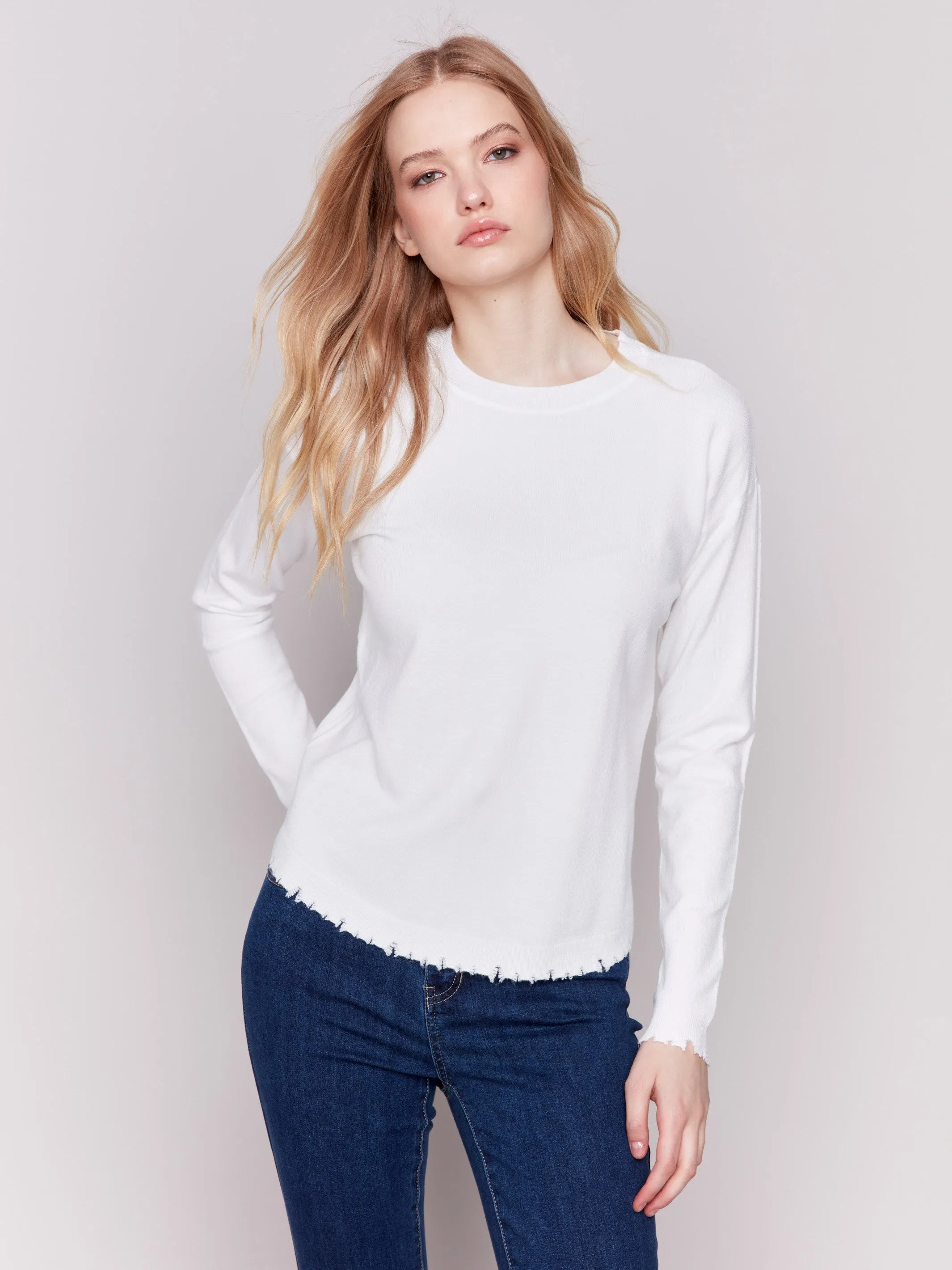 Frayed Edge Round Hem Sweater - Cream sold by Charlie B