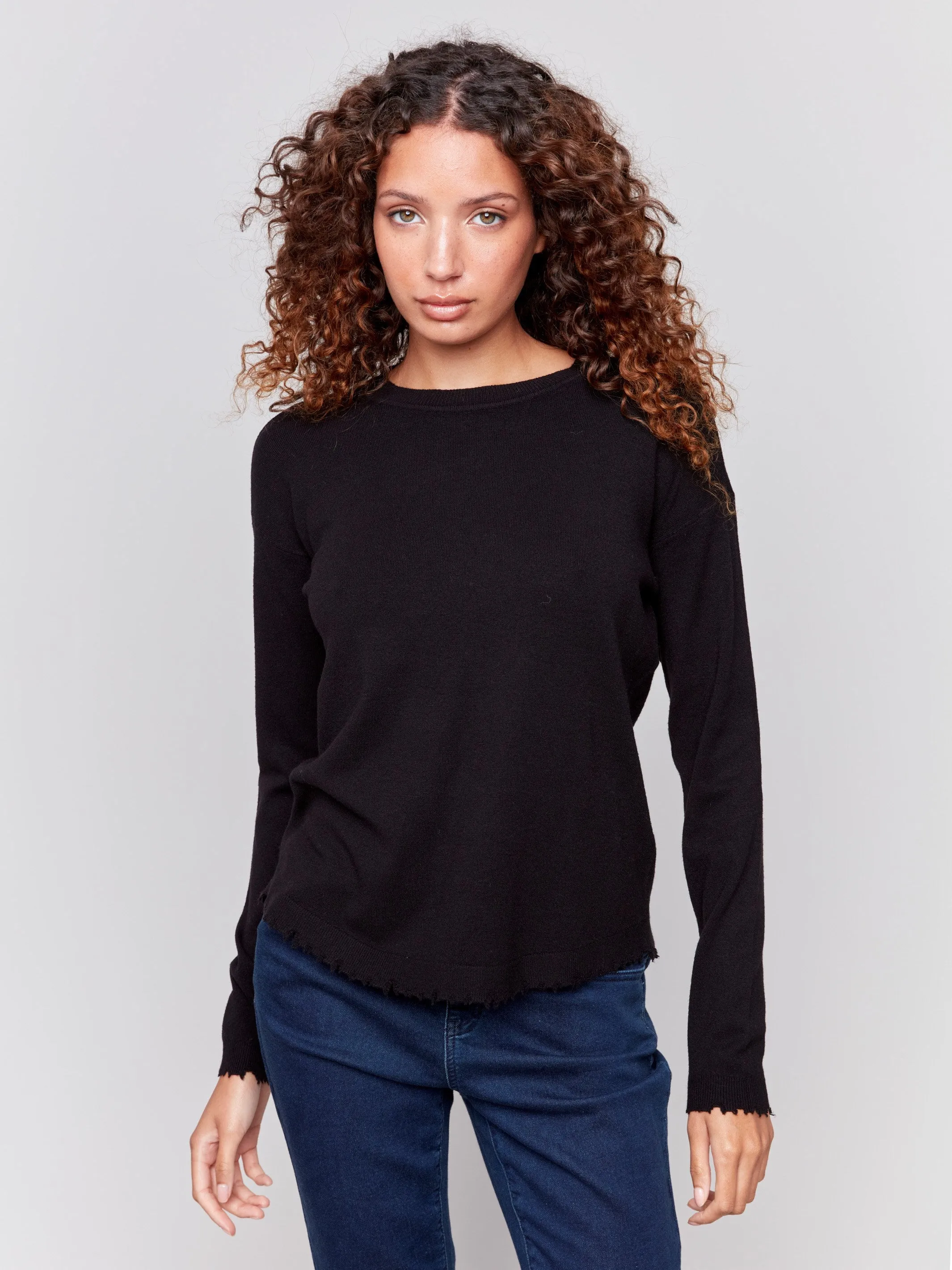 Frayed Edge Round Hem Sweater - Black sold by Charlie B