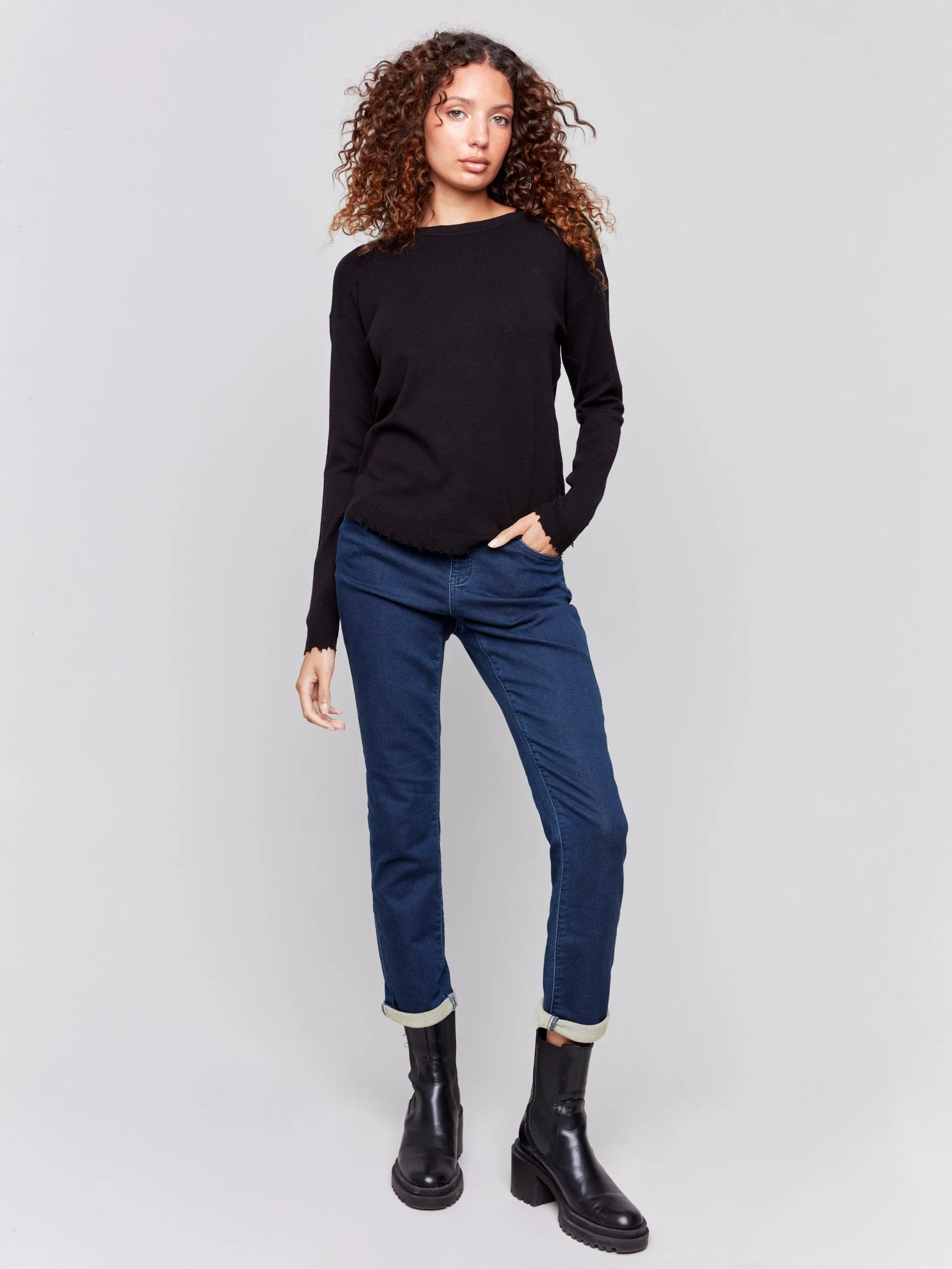 Frayed Edge Round Hem Sweater - Black sold by Charlie B product image thumbnail 2