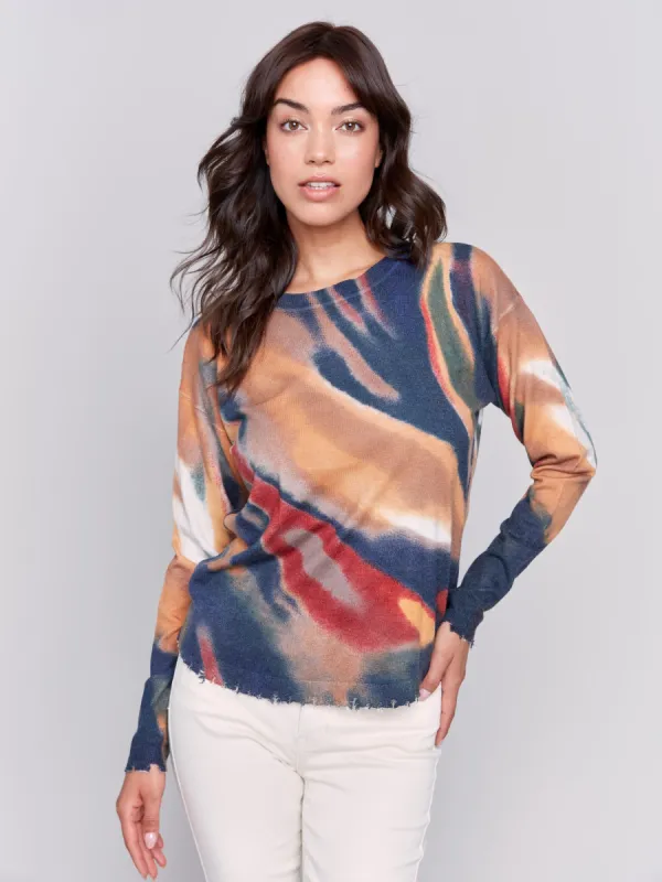 Printed Frayed Edge Round Hem Sweater - Spruce sold by Charlie B