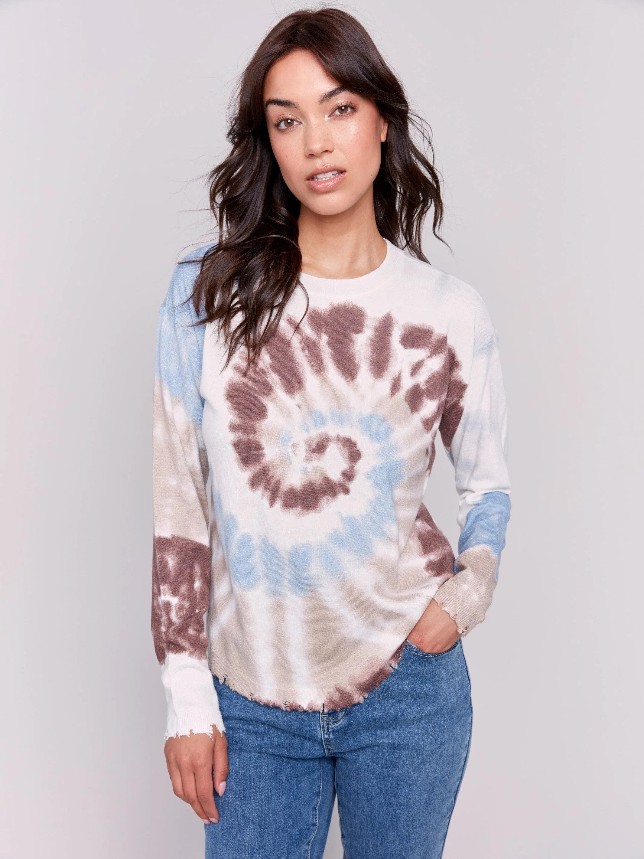 Printed Frayed Edge Round Hem Sweater - Frost sold by Charlie B