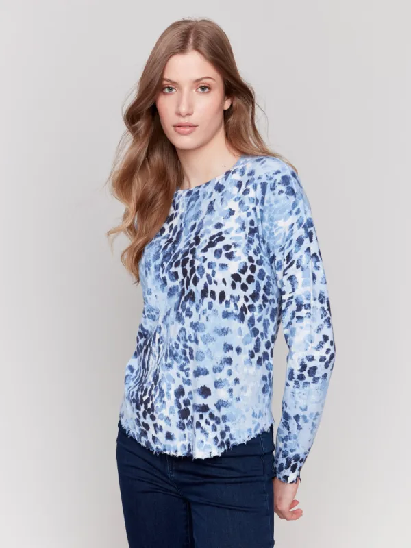 Printed Frayed Edge Round Hem Sweater - Indigo sold by Charlie B