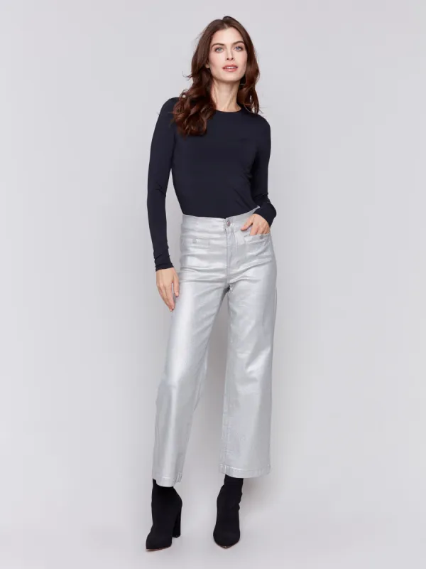 Metallic Wax Flared Pants - Silver sold by Charlie B