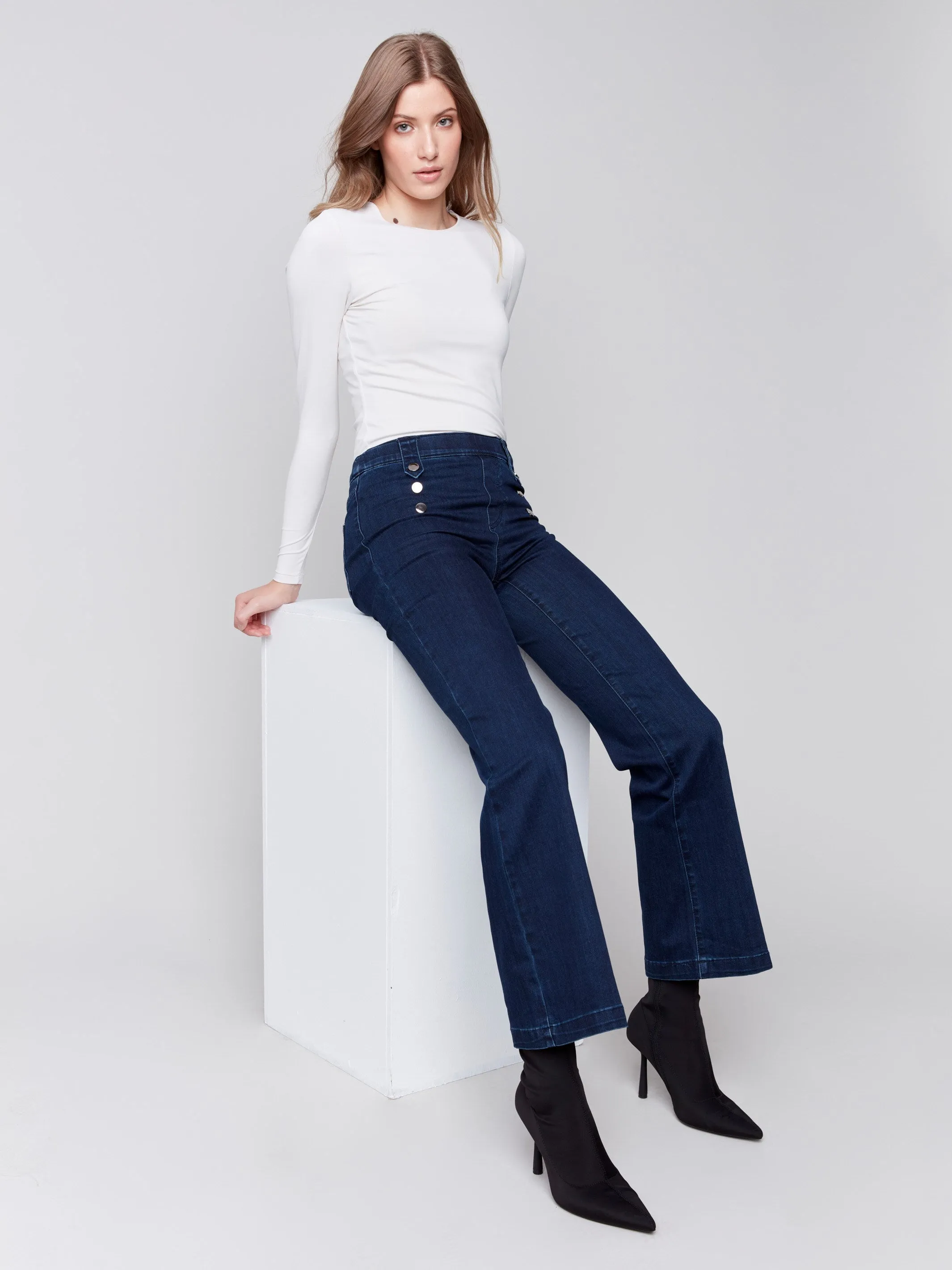 Pull-On Flare Jeans With Front Buttons - Blue Black sold by Charlie B product image thumbnail 4