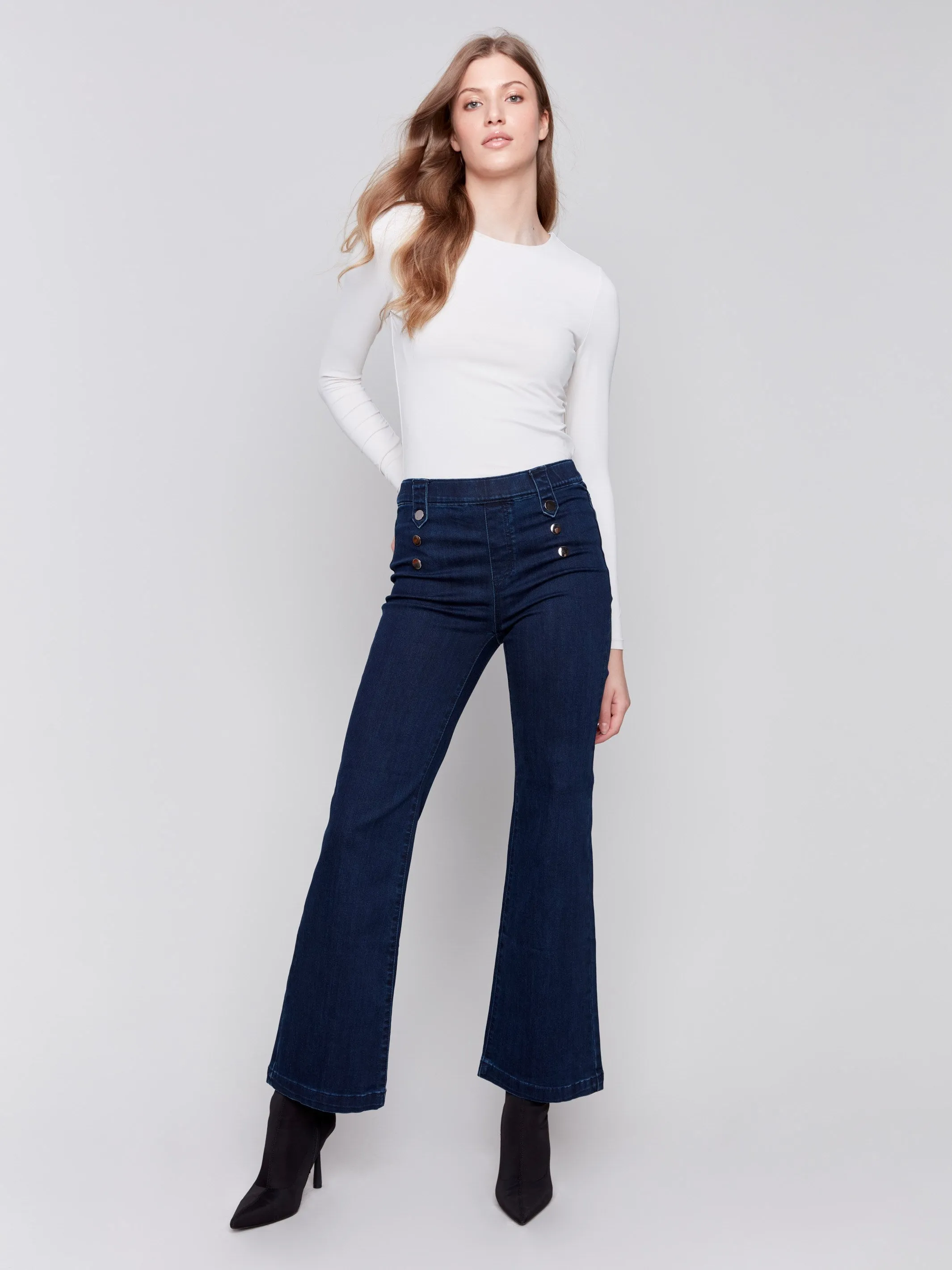 Pull-On Flare Jeans With Front Buttons - Blue Black sold by Charlie B