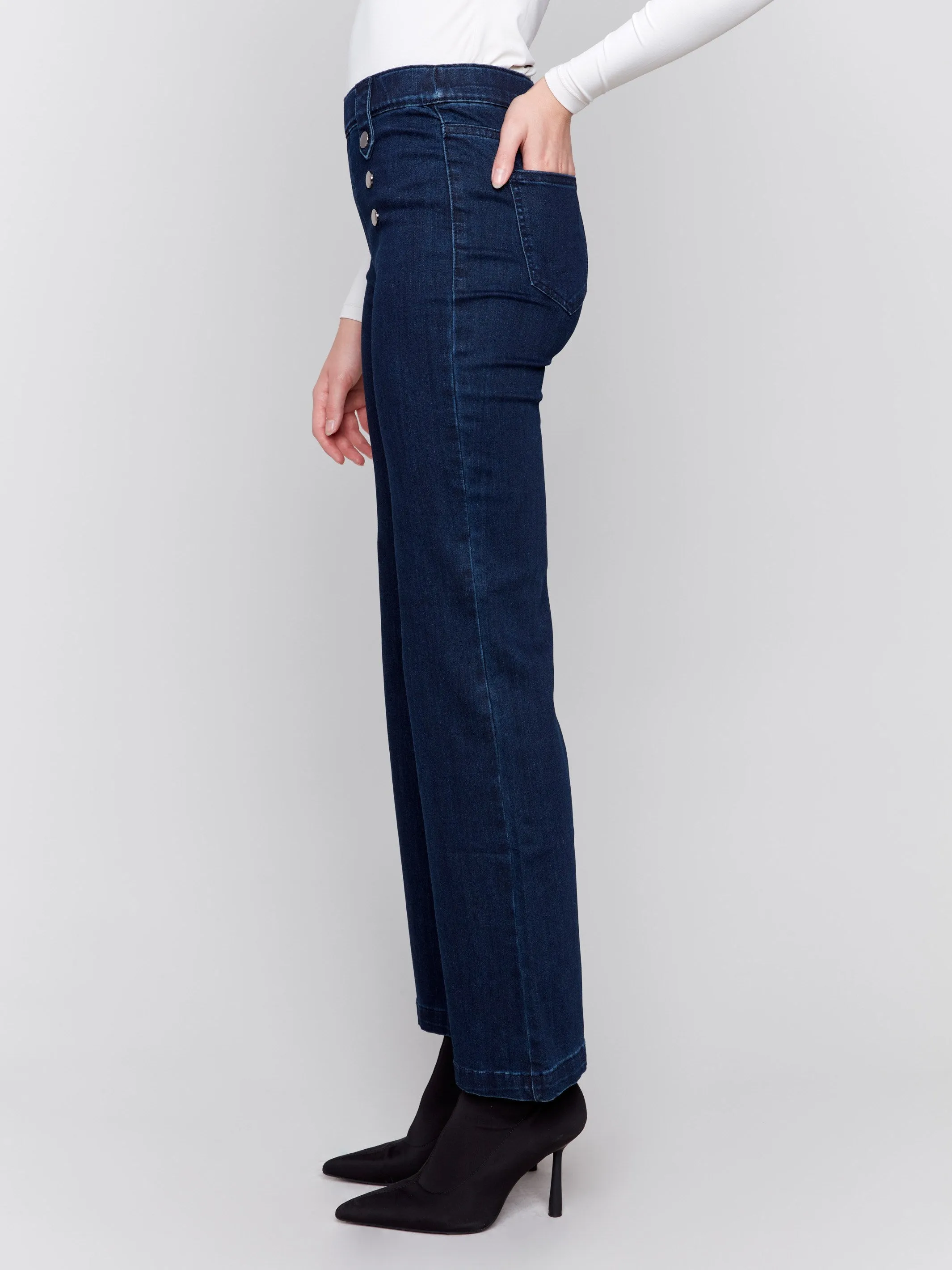 Pull-On Flare Jeans With Front Buttons - Blue Black sold by Charlie B product image thumbnail 5