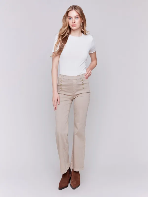 Pull-On Flare Twill Pants with Front Buttons - Almond sold by Charlie B