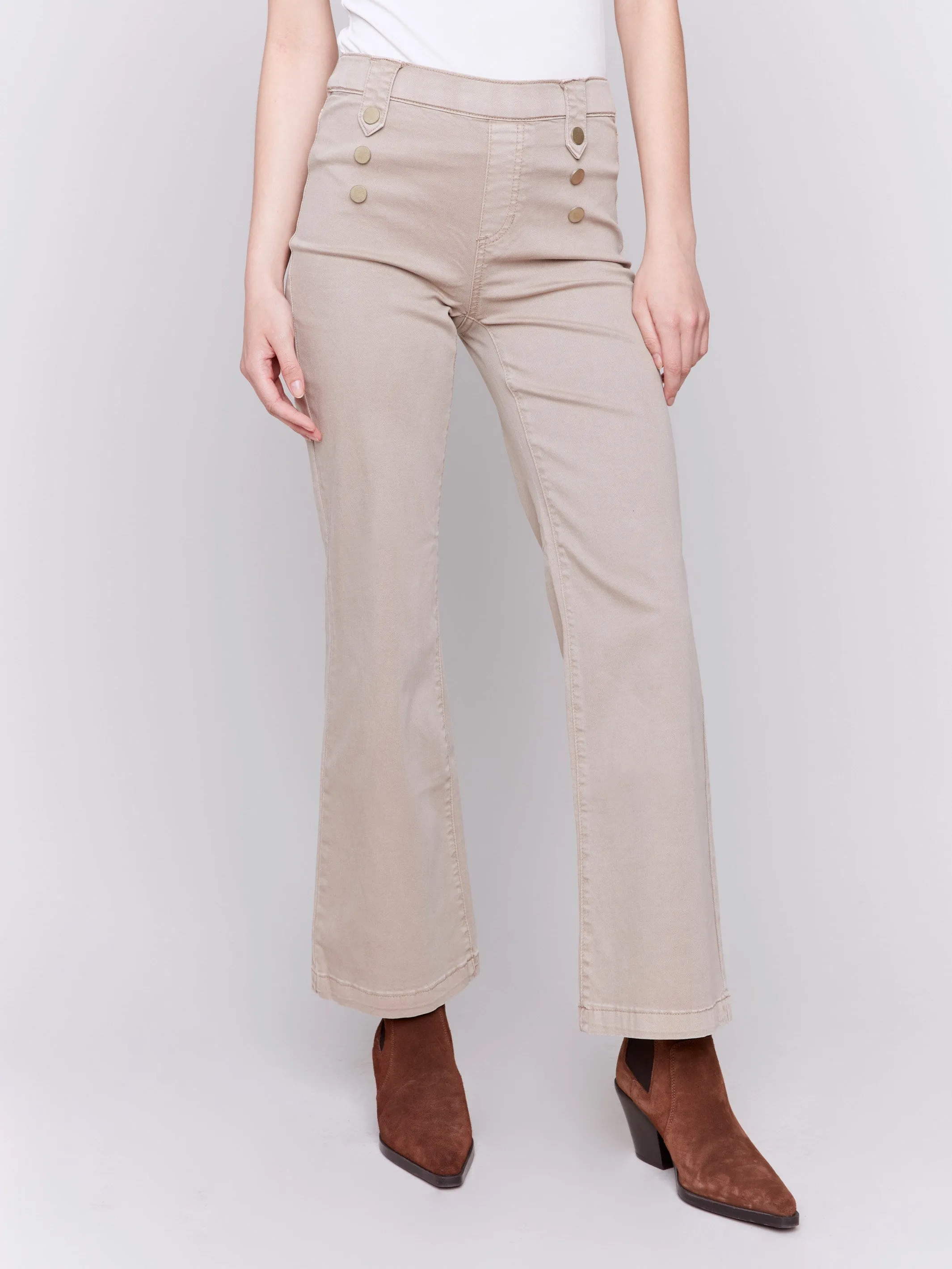 Pull-On Flare Twill Pants with Front Buttons - Almond sold by Charlie B product image thumbnail 2