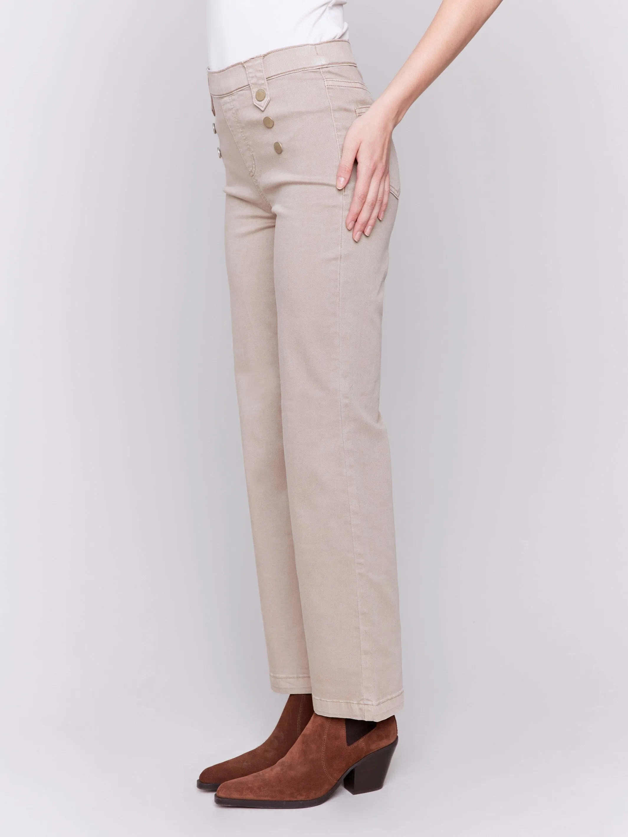 Pull-On Flare Twill Pants with Front Buttons - Almond sold by Charlie B product image thumbnail 3