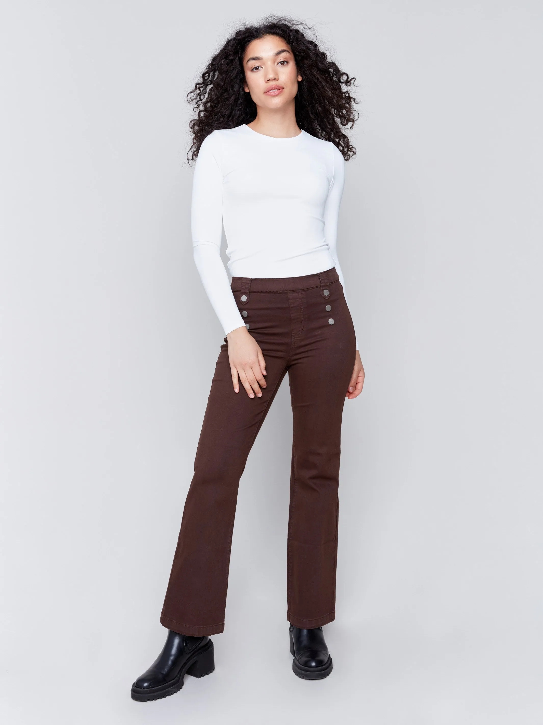 Pull-On Flare Twill Pants with Front Buttons - Mocha sold by Charlie B