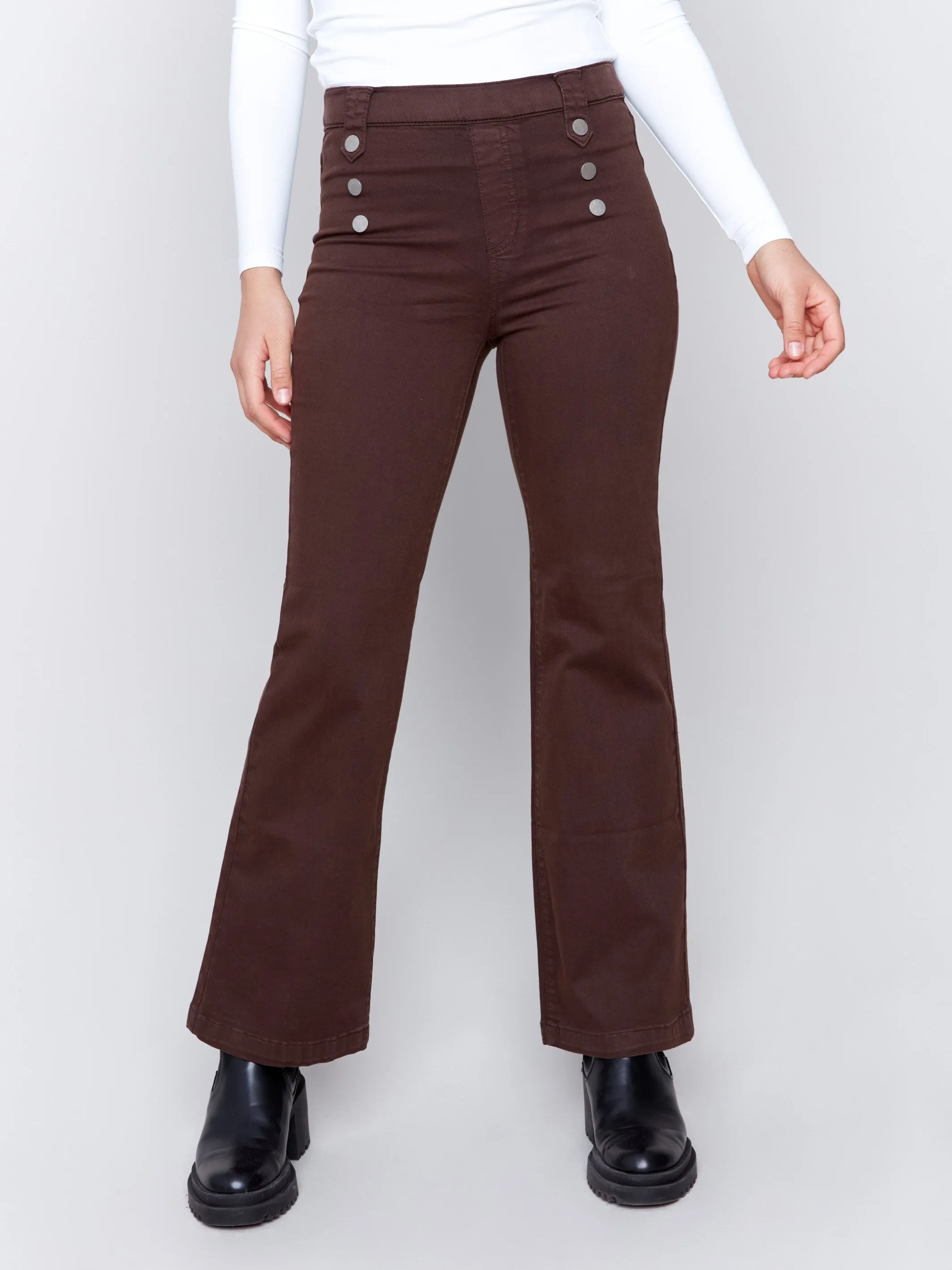 Pull-On Flare Twill Pants with Front Buttons - Mocha sold by Charlie B product image thumbnail 2