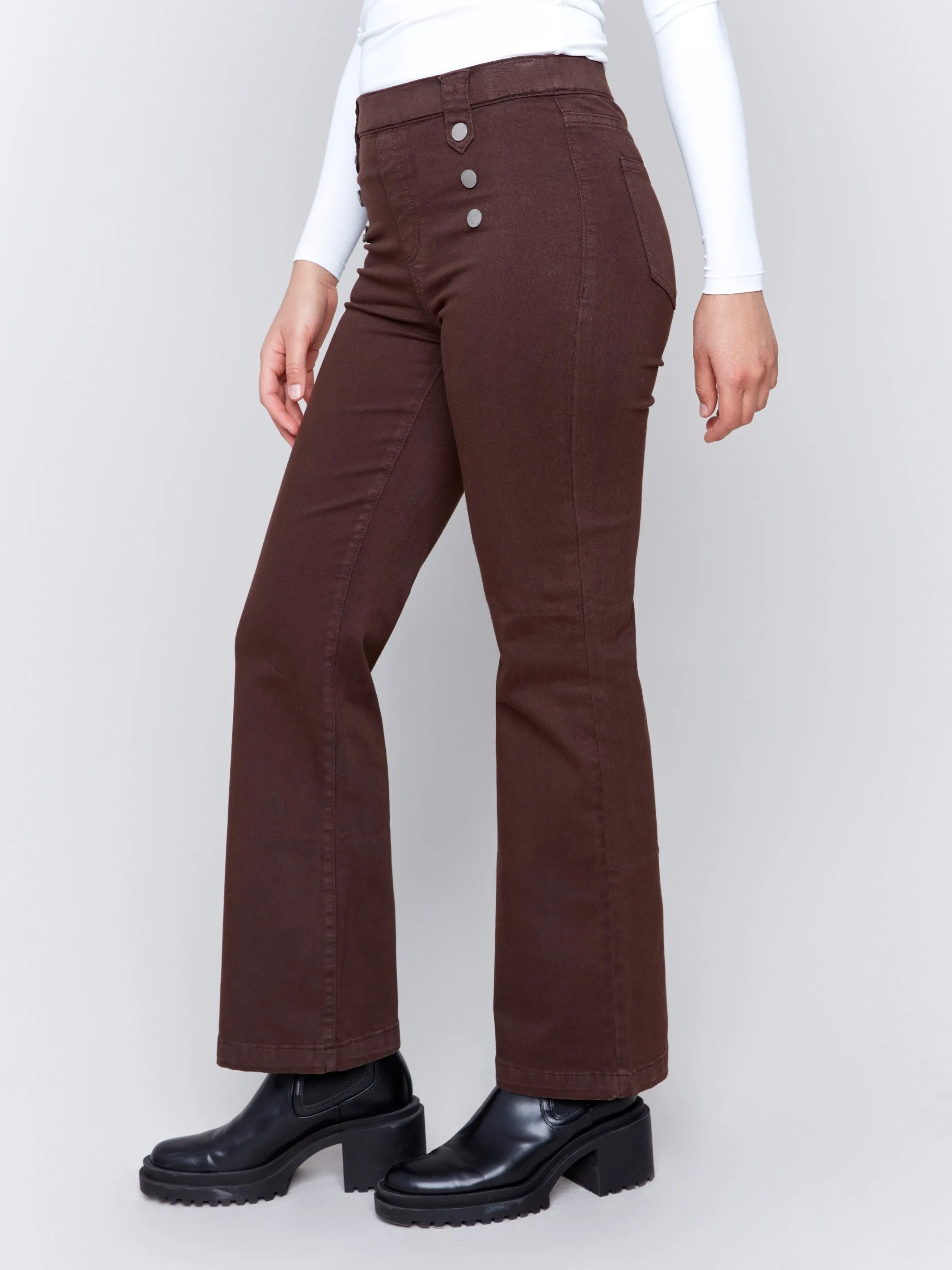 Pull-On Flare Twill Pants with Front Buttons - Mocha sold by Charlie B product image thumbnail 3