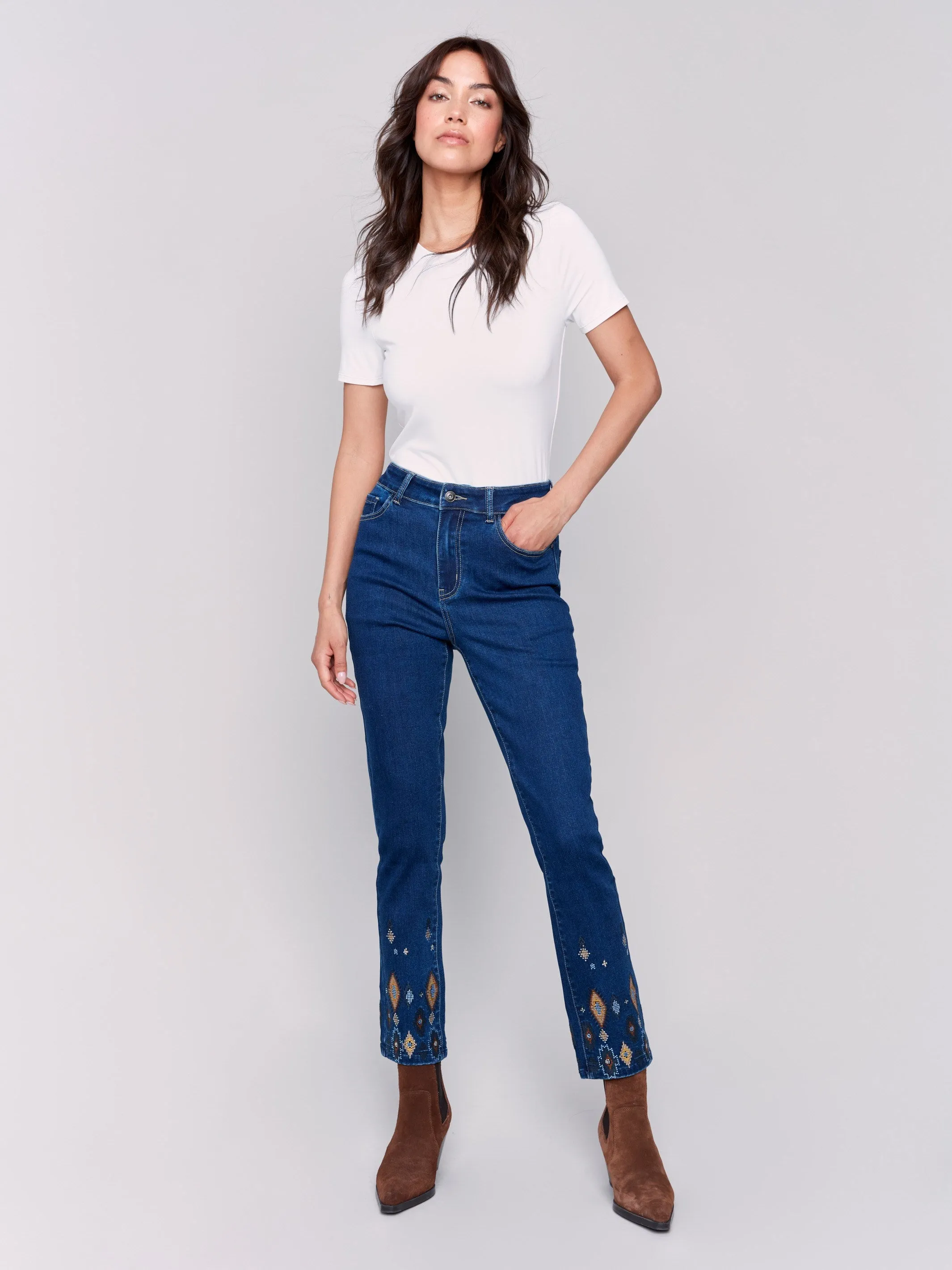 Slim Fit Jeans with Beaded Hem - Indigo sold by Charlie B