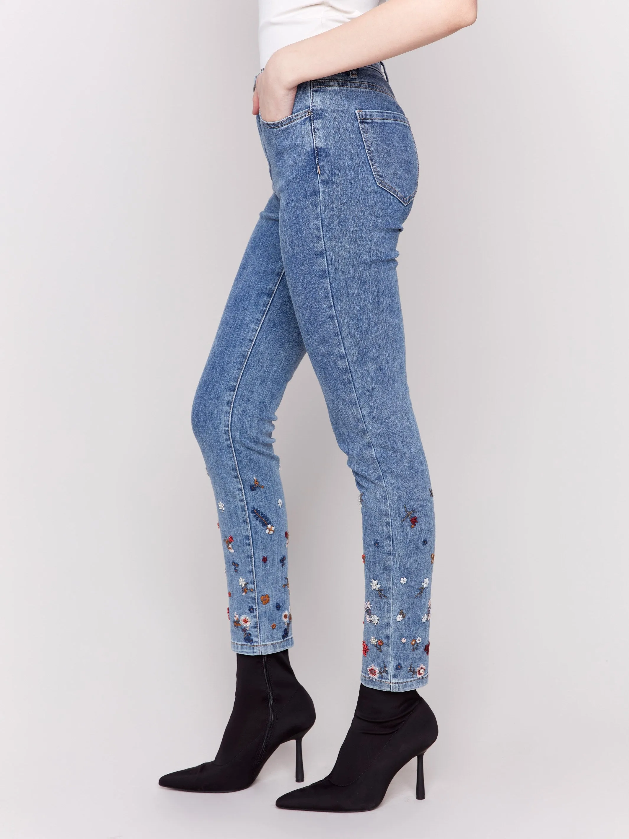 Embroidered and Beaded Slim Fit Jeans - Medium Blue sold by Charlie B product image thumbnail 3