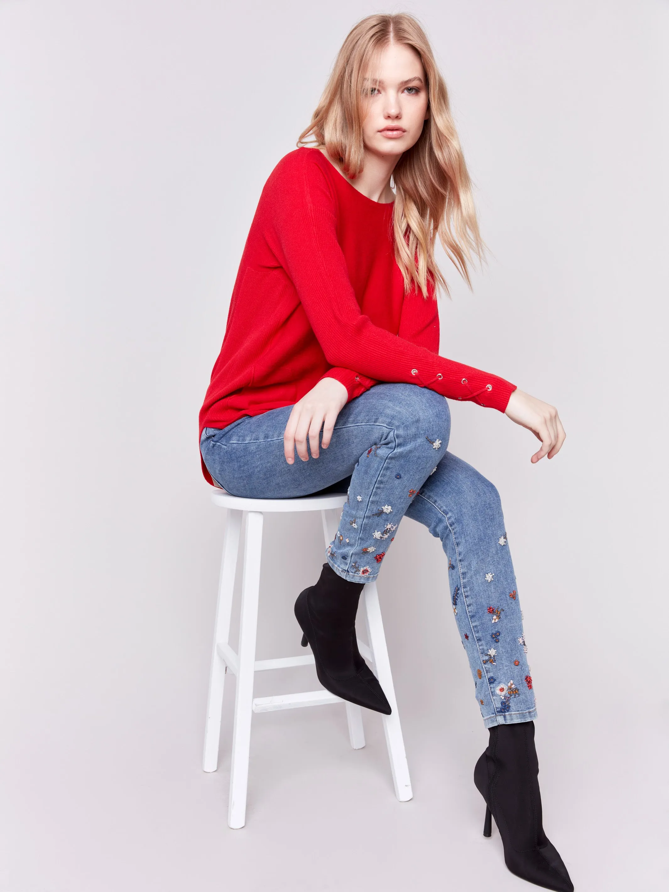 Embroidered and Beaded Slim Fit Jeans - Medium Blue sold by Charlie B product image thumbnail 4