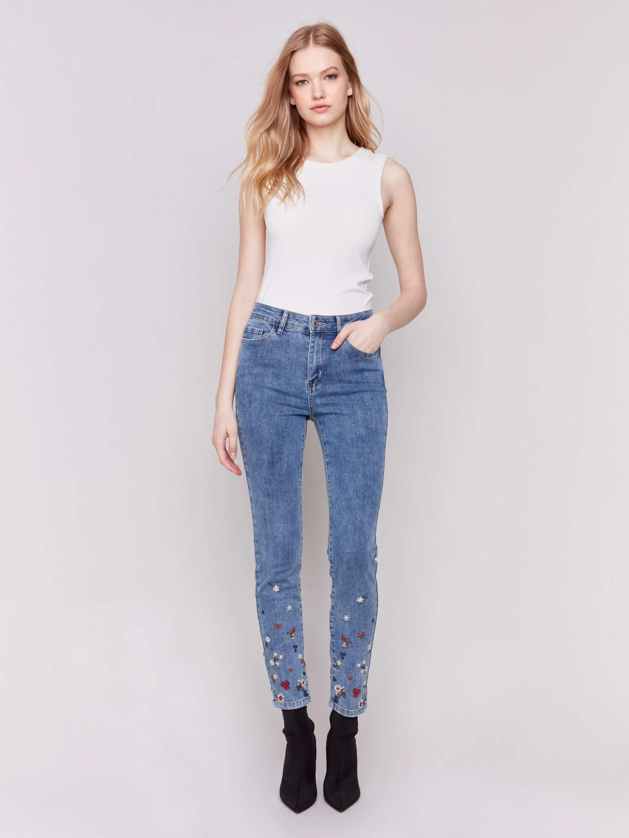 Embroidered and Beaded Slim Fit Jeans - Medium Blue sold by Charlie B