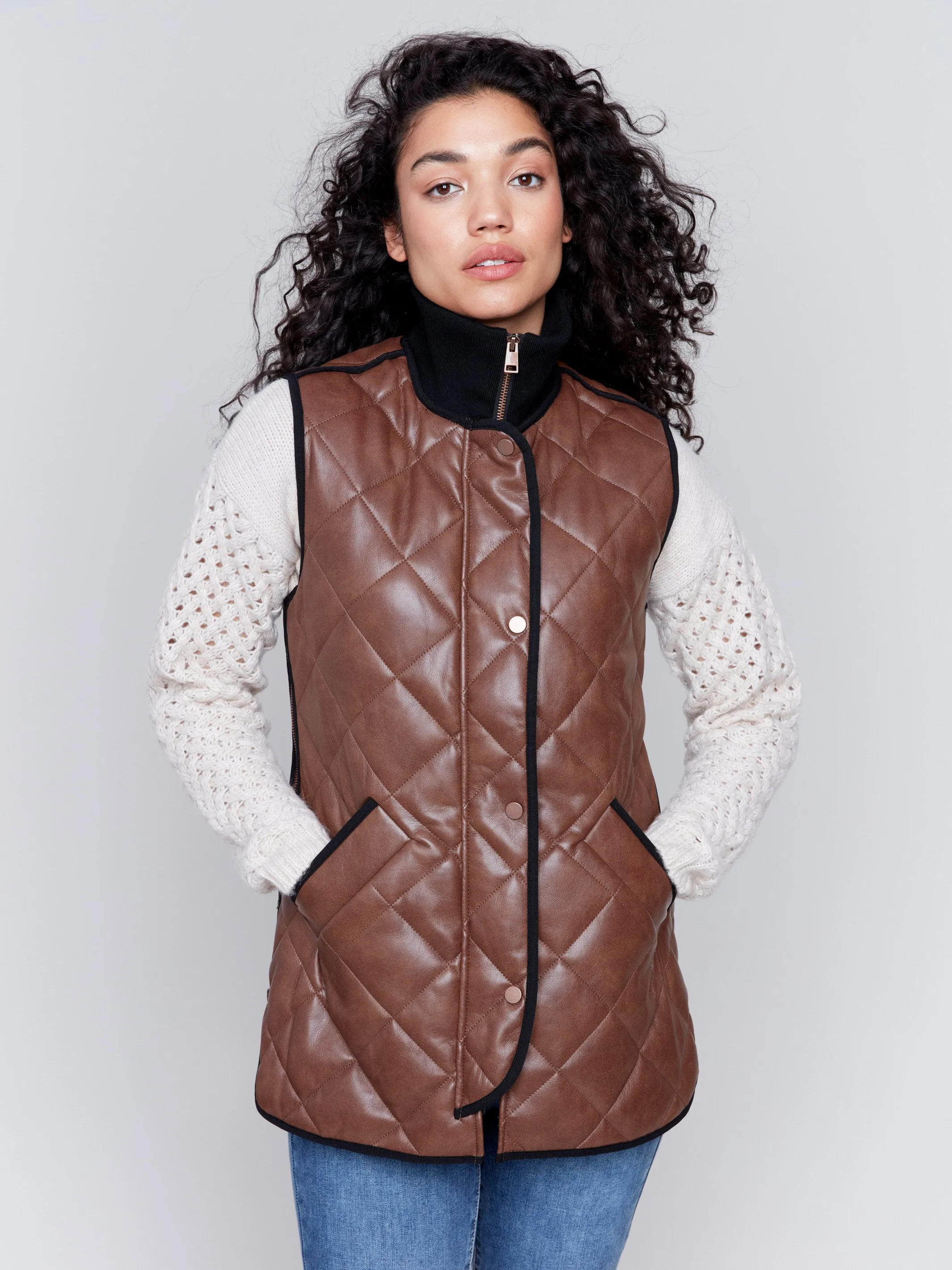 Long Quilted Faux Leather Vest - Brandy sold by Charlie B