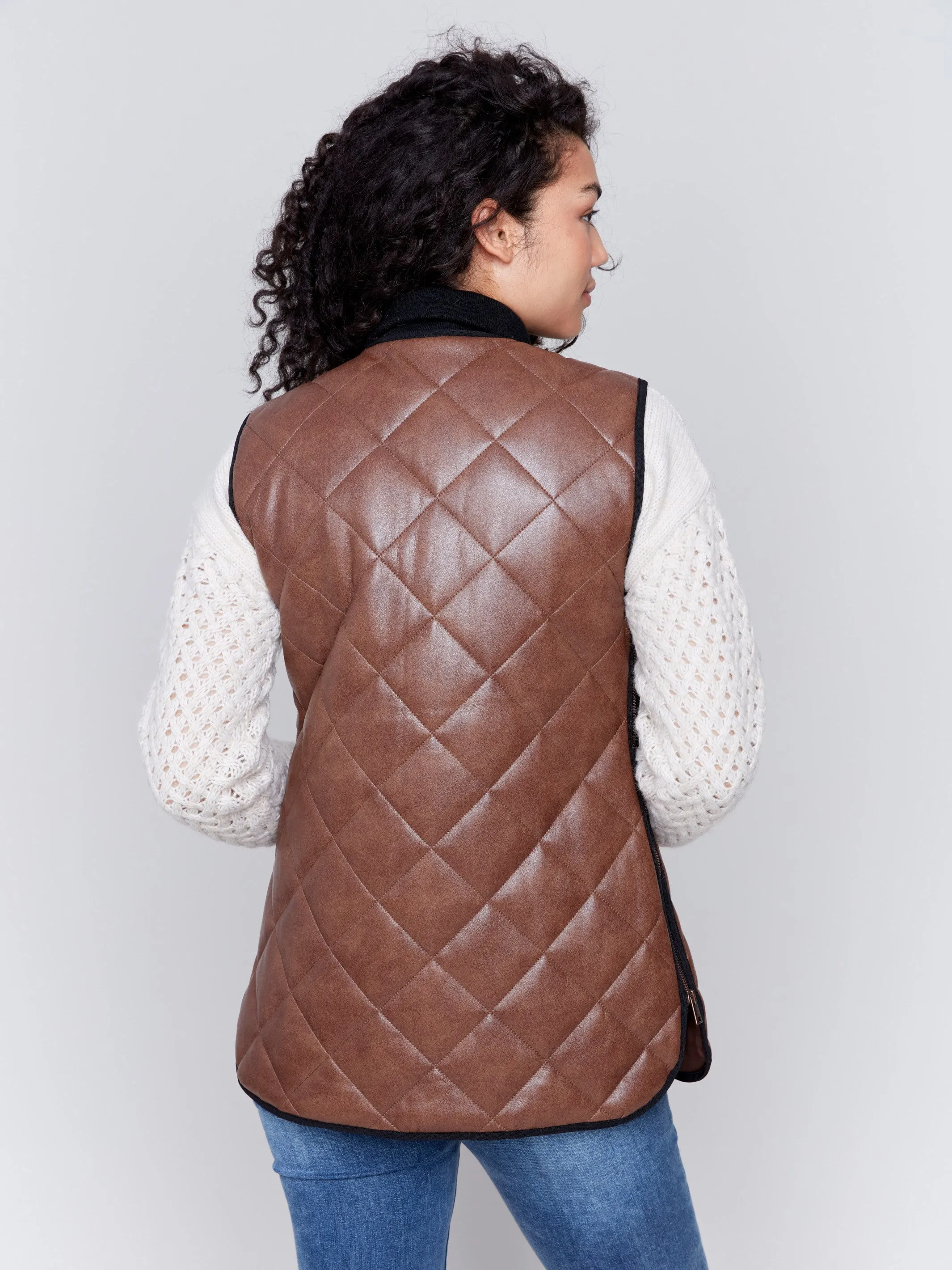 Long Quilted Faux Leather Vest - Brandy sold by Charlie B product image thumbnail 5