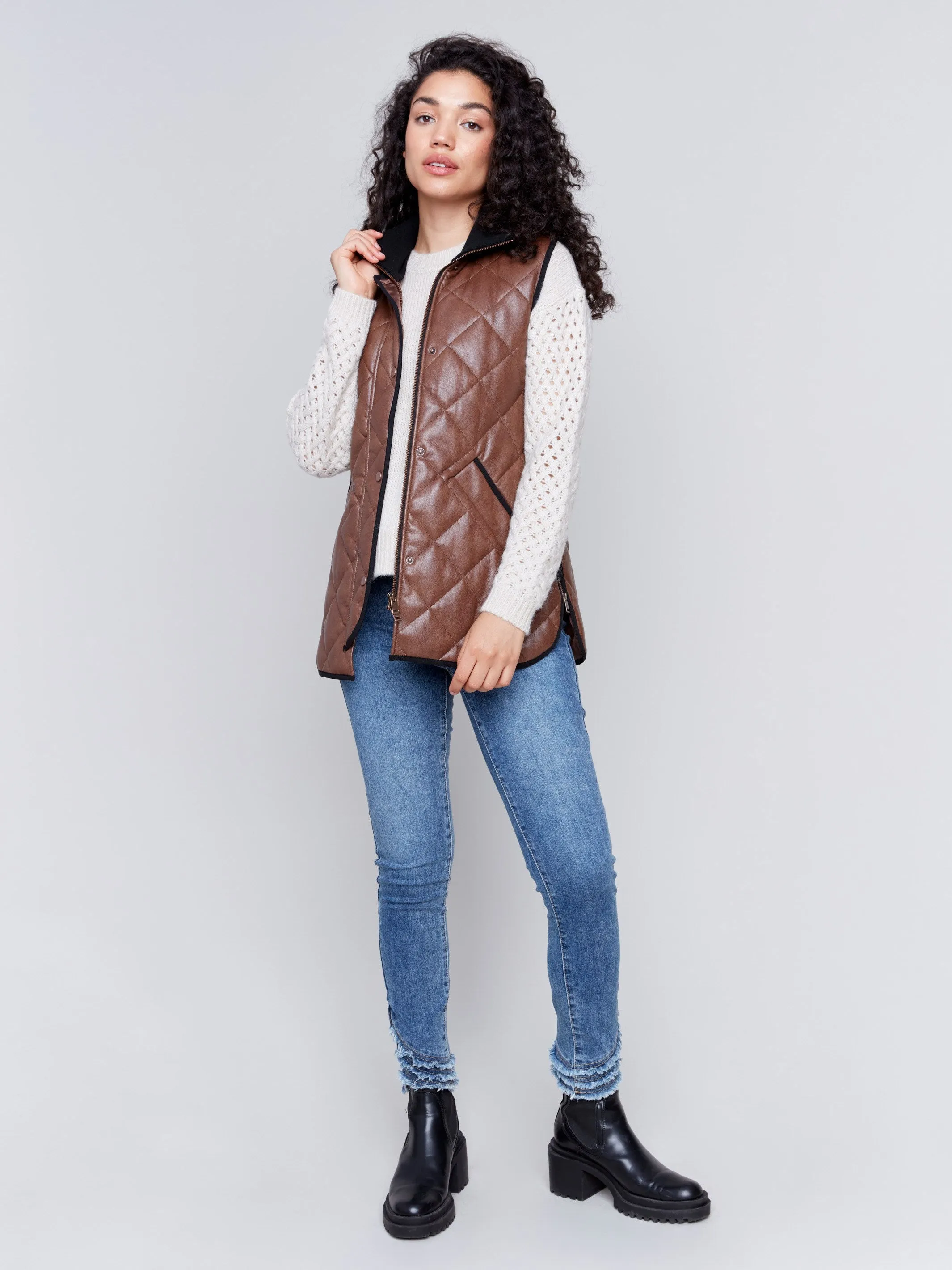 Long Quilted Faux Leather Vest - Brandy sold by Charlie B product image thumbnail 2